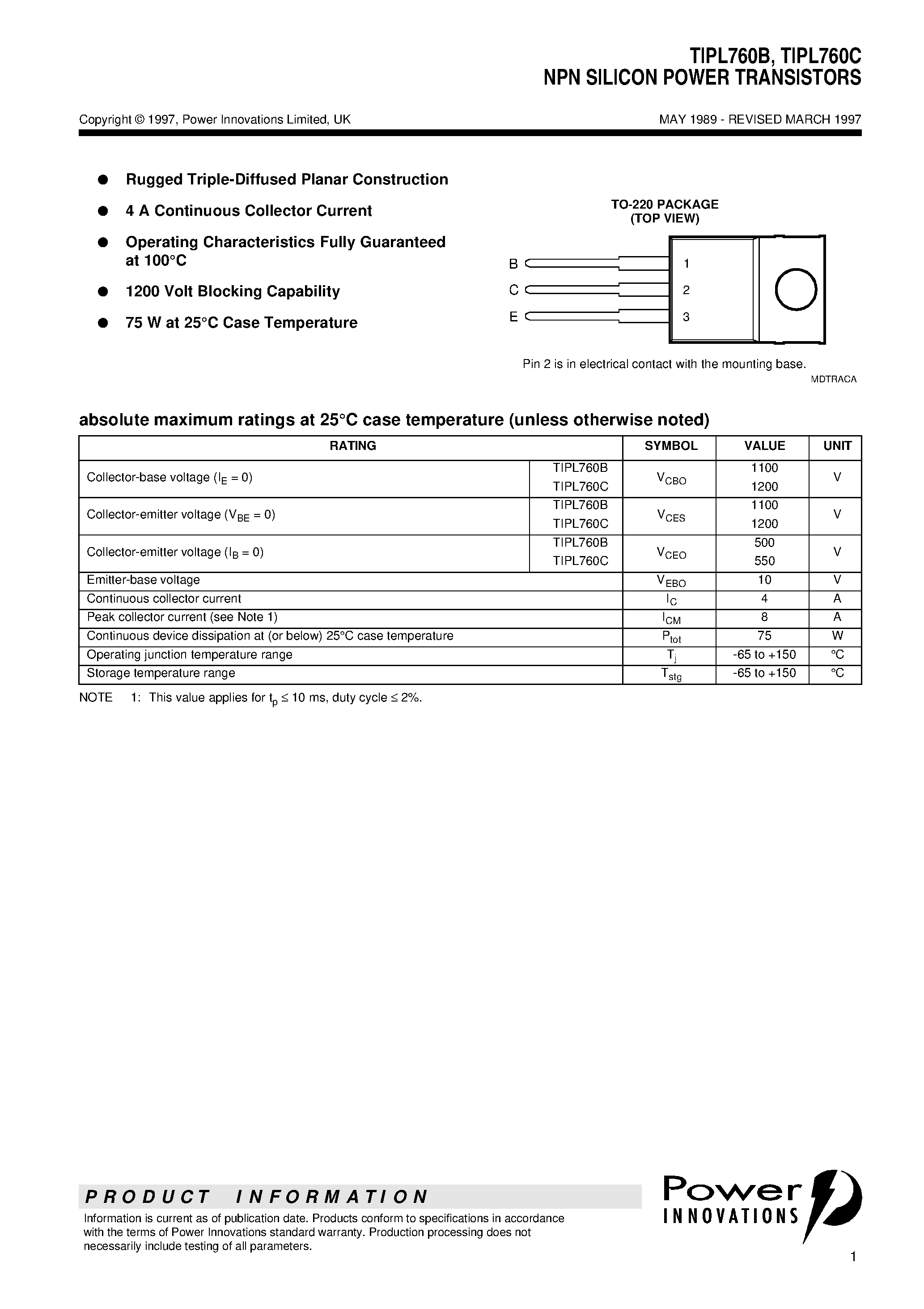 Datasheet TIPL760C page 1 Datasheet TIPL760C - NPN SILICON POWER TRANSISTORS page 1
