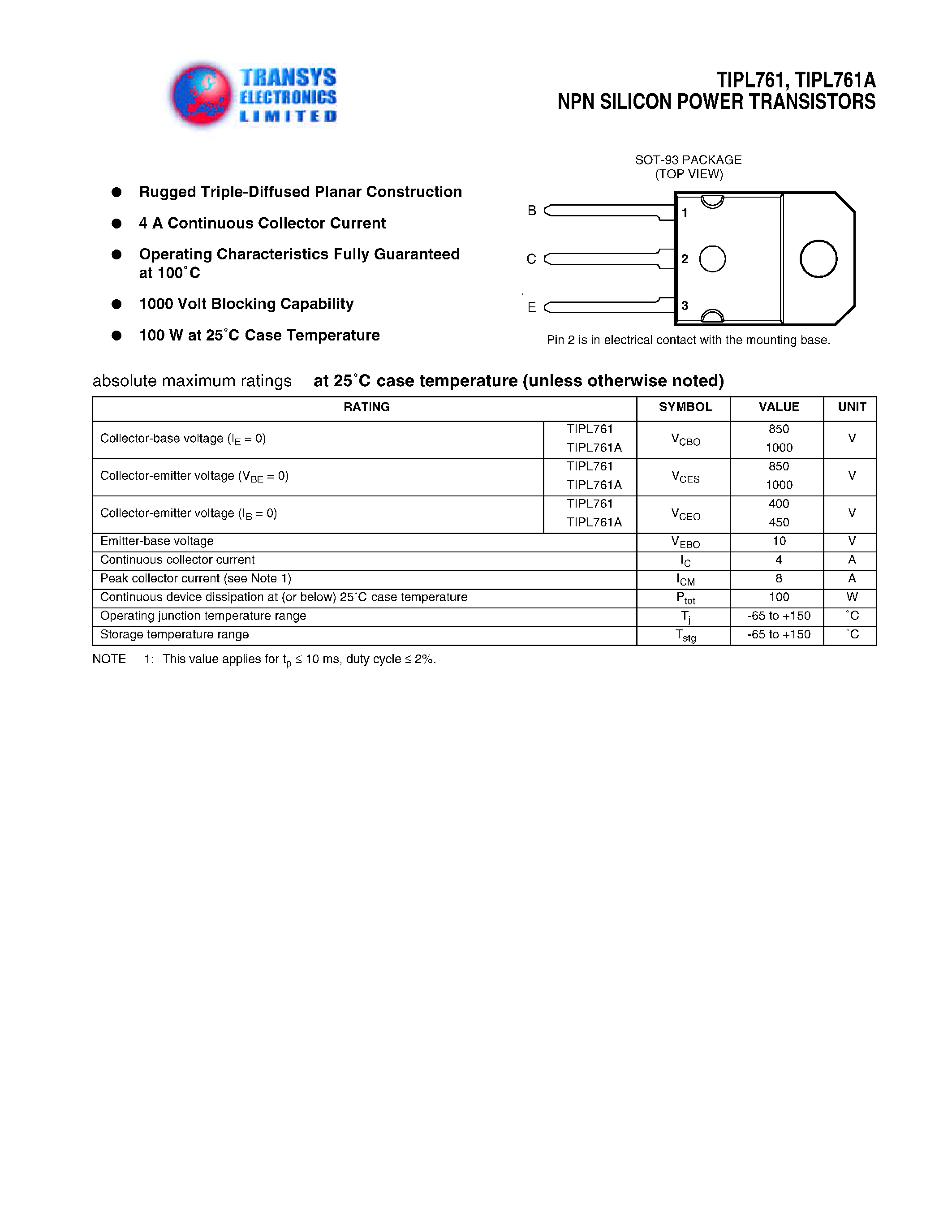Datasheet TIPL761A - NPN SILICON POWER TRANSISTORS page 1