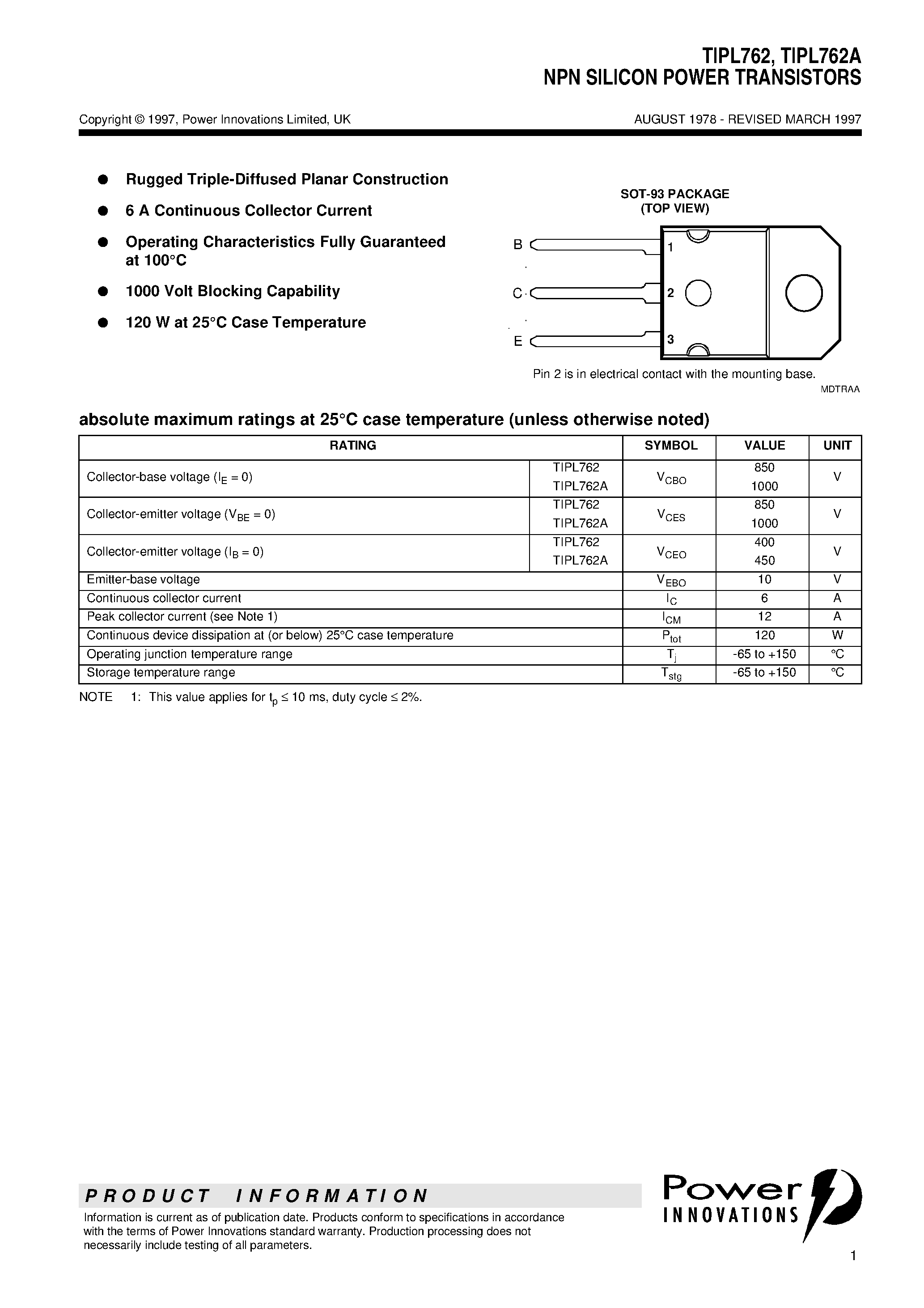 Datasheet TIPL762 page 1 Datasheet TIPL762 - NPN SILICON POWER TRANSISTORS page 1