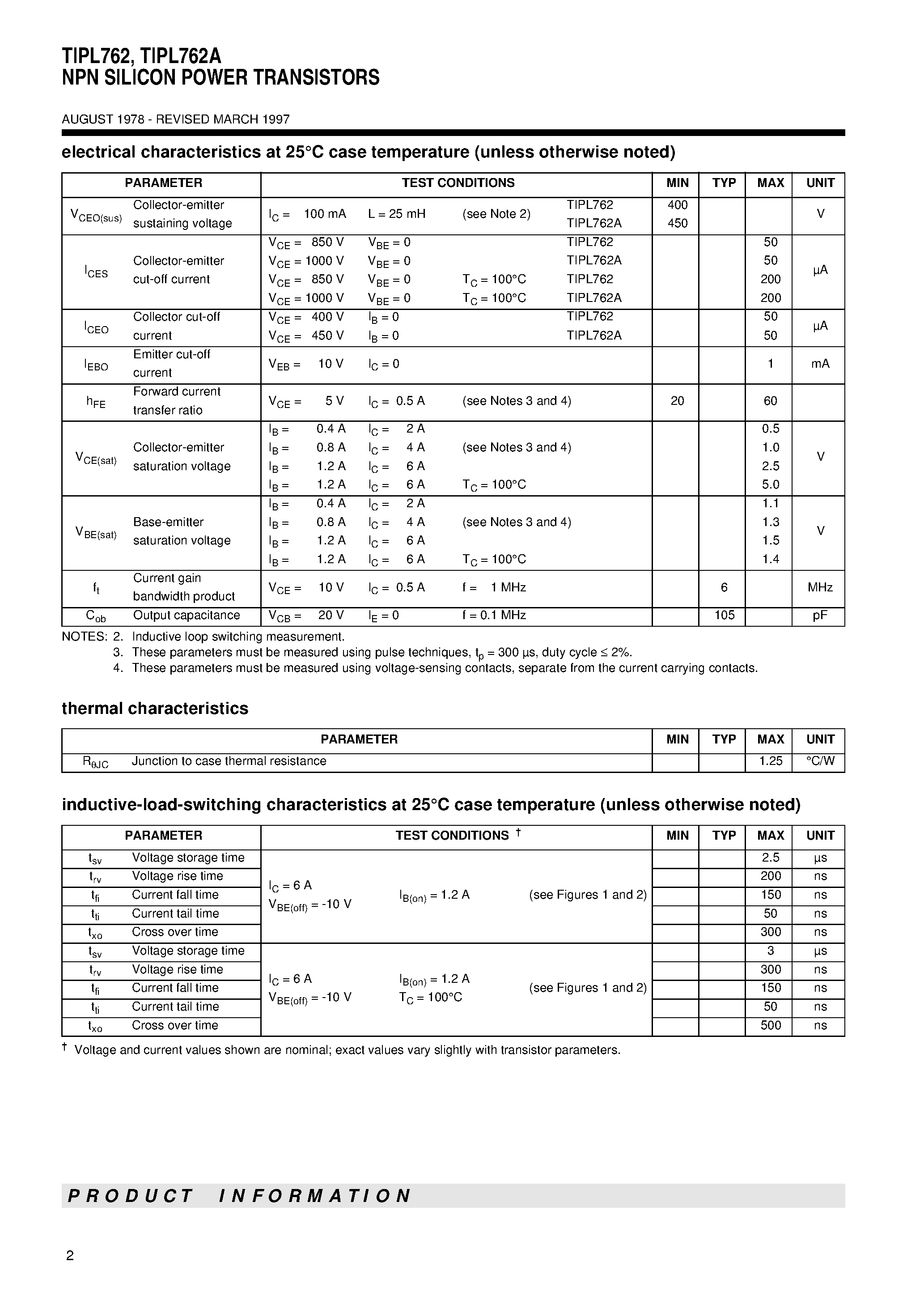 Datasheet TIPL762 page 2 Datasheet TIPL762 - NPN SILICON POWER TRANSISTORS page 2