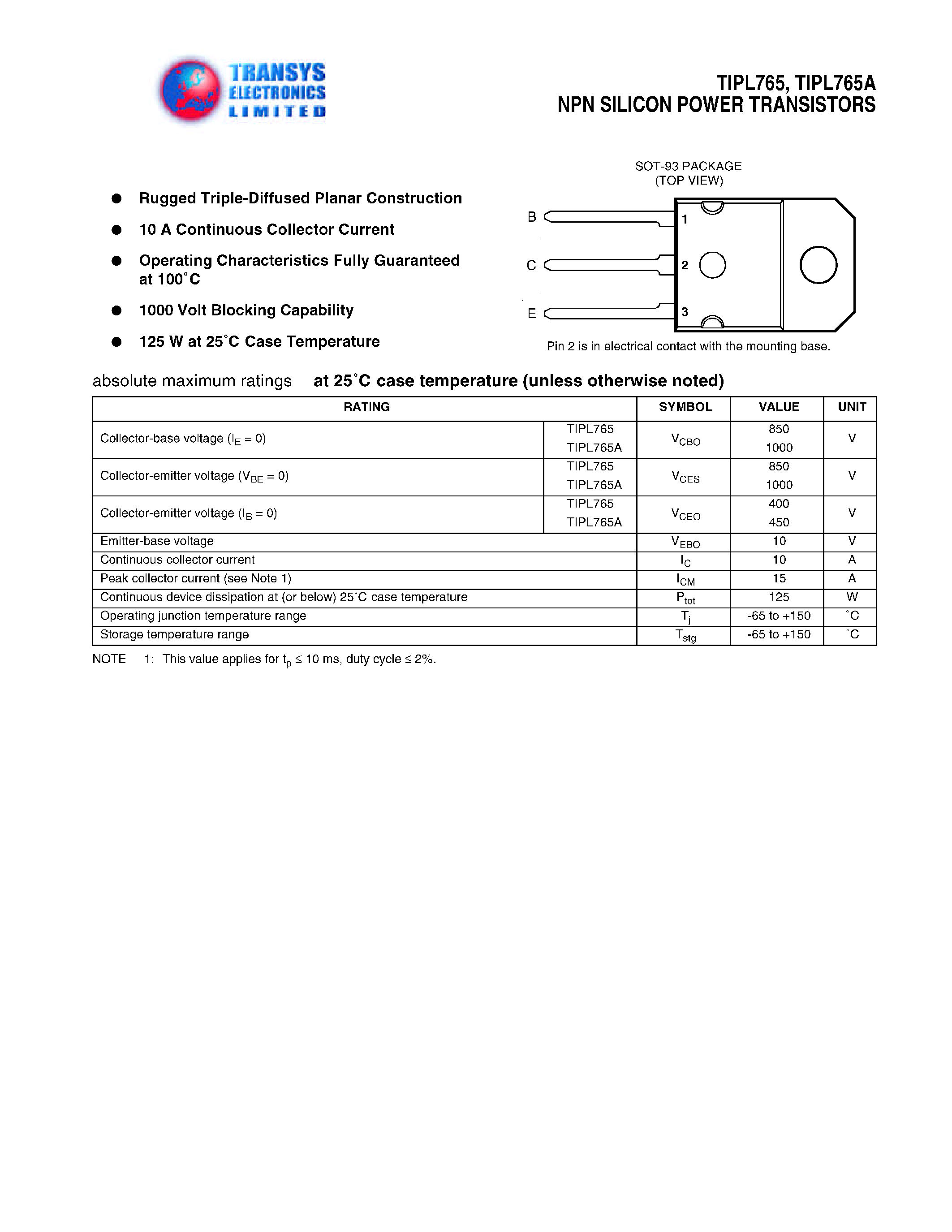 Datasheet TIPL765 page 1 Datasheet TIPL765 - NPN SILICON POWER TRANSISTORS page 1