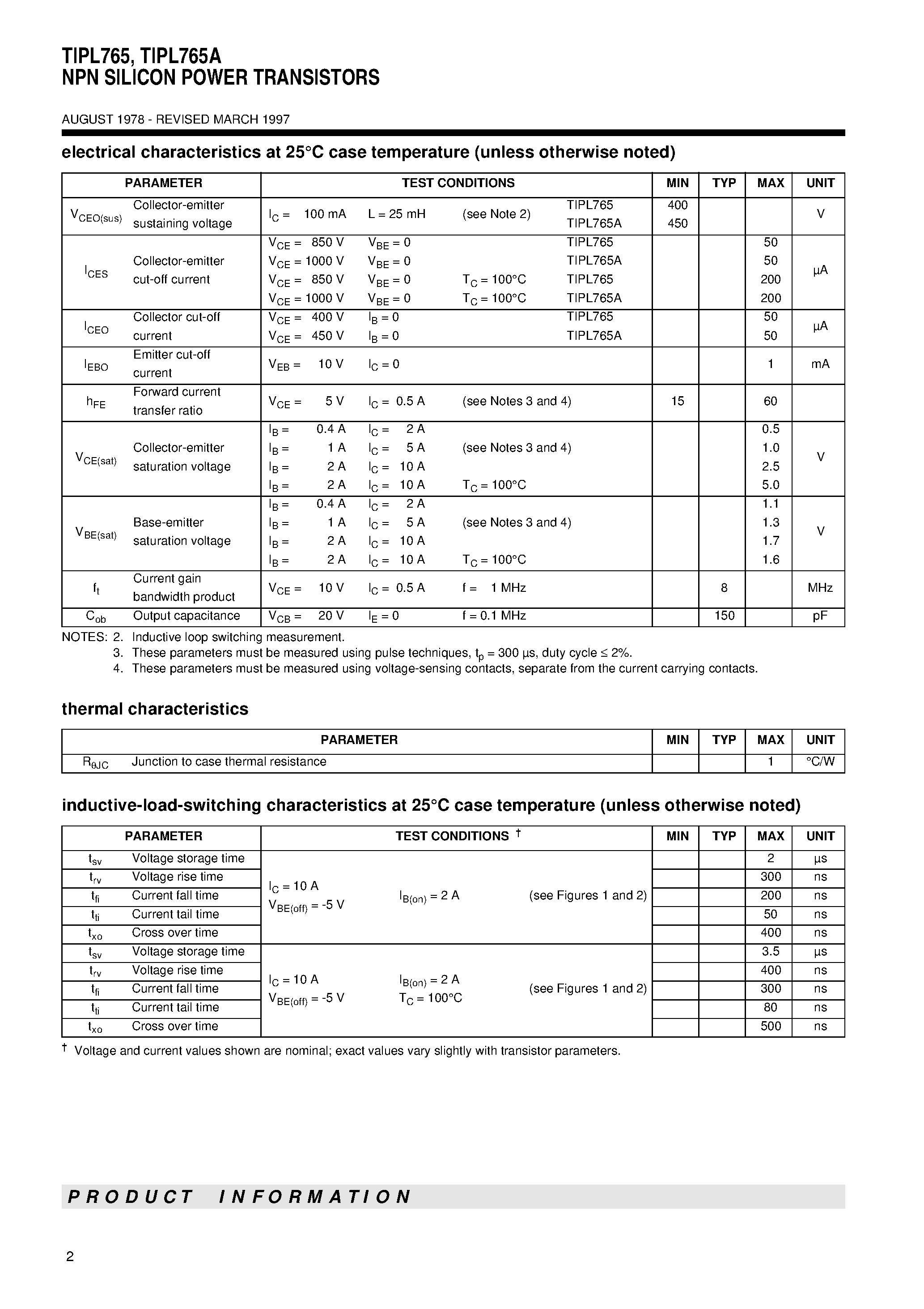 Datasheet TIPL765A page 2 Datasheet TIPL765A - NPN SILICON POWER TRANSISTORS page 2