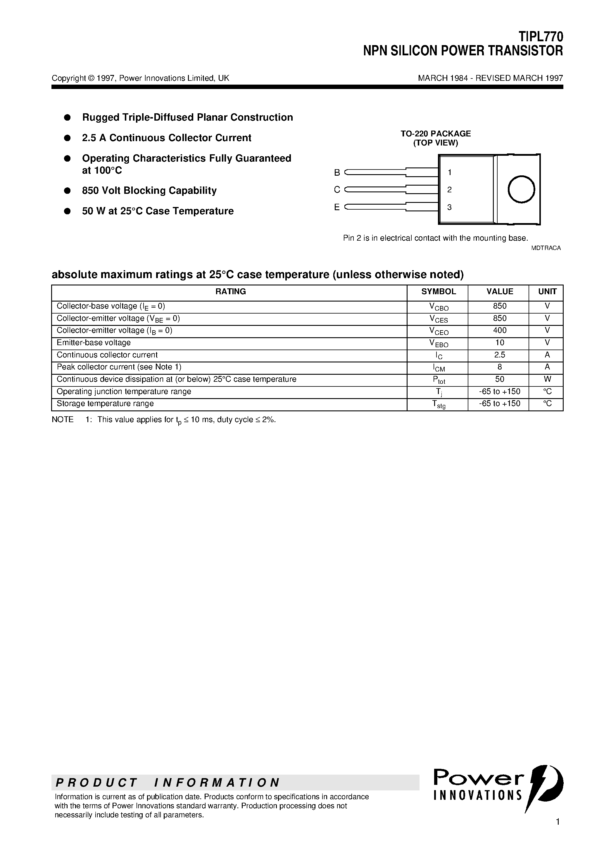 Datasheet TIPL770 page 1 Datasheet TIPL770 - NPN SILICON POWER TRANSISTOR page 1