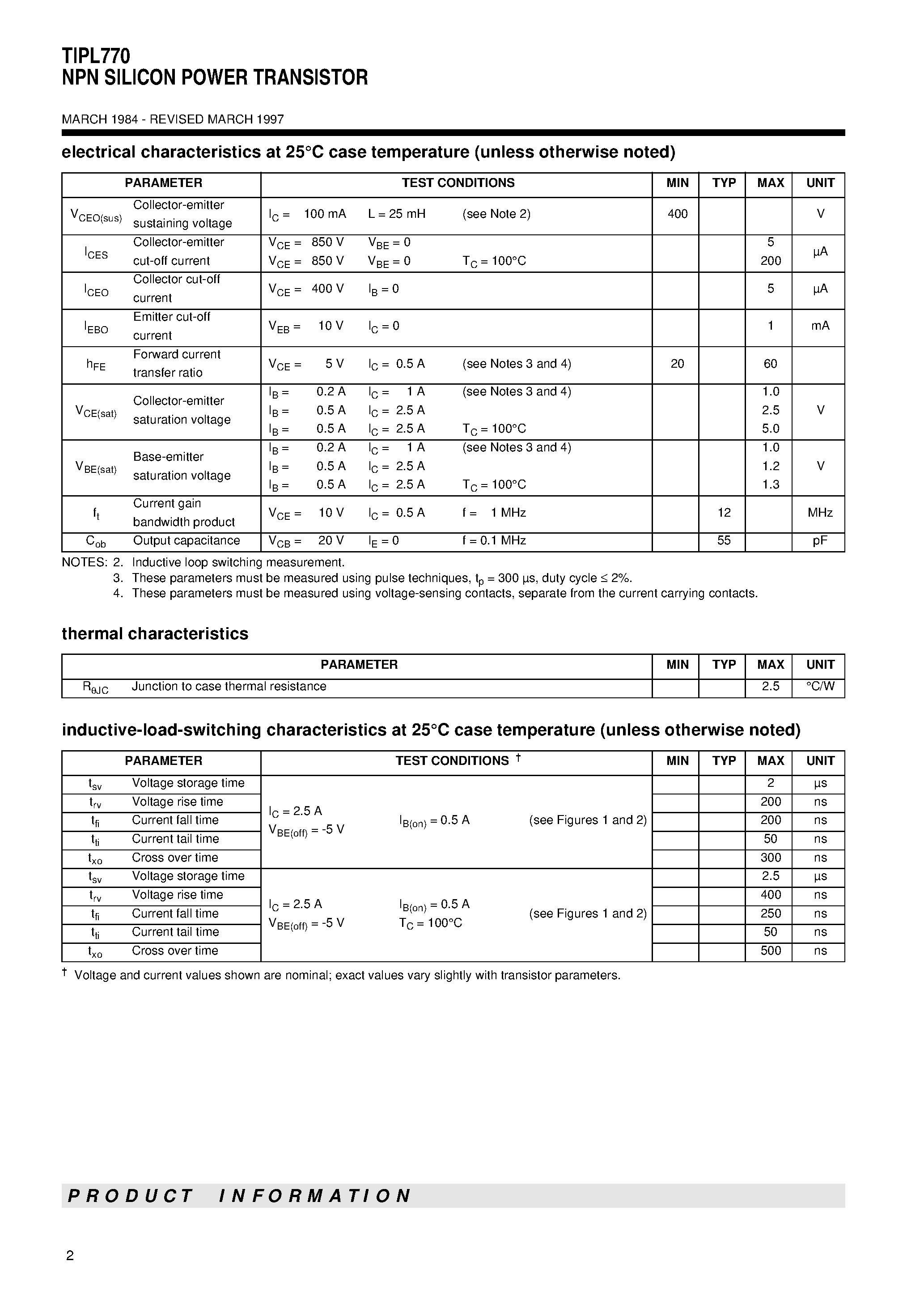 Datasheet TIPL770 page 2 Datasheet TIPL770 - NPN SILICON POWER TRANSISTOR page 2