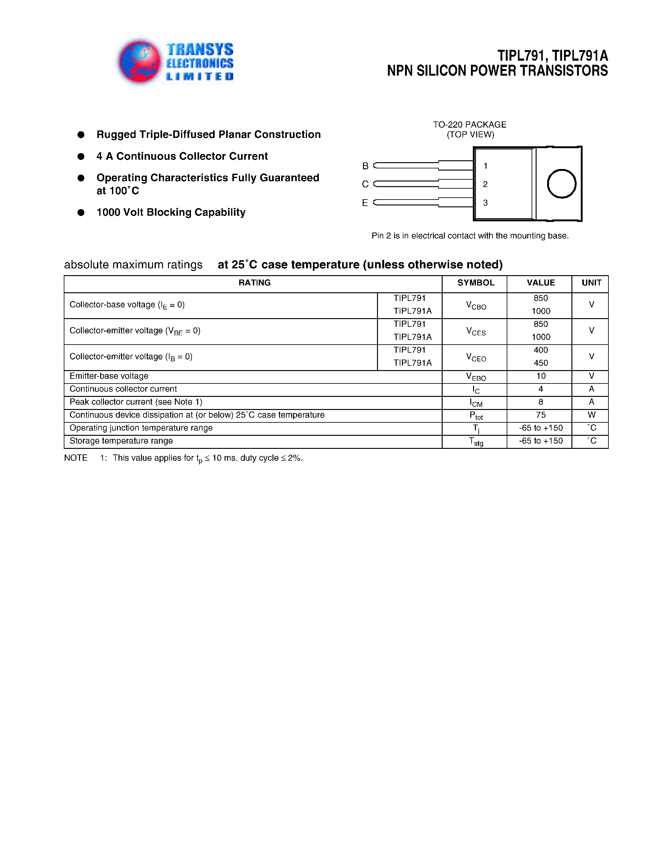 Datasheet TIPL791 page 1 Datasheet TIPL791 - NPN SILICON POWER TRANSISTORS page 1