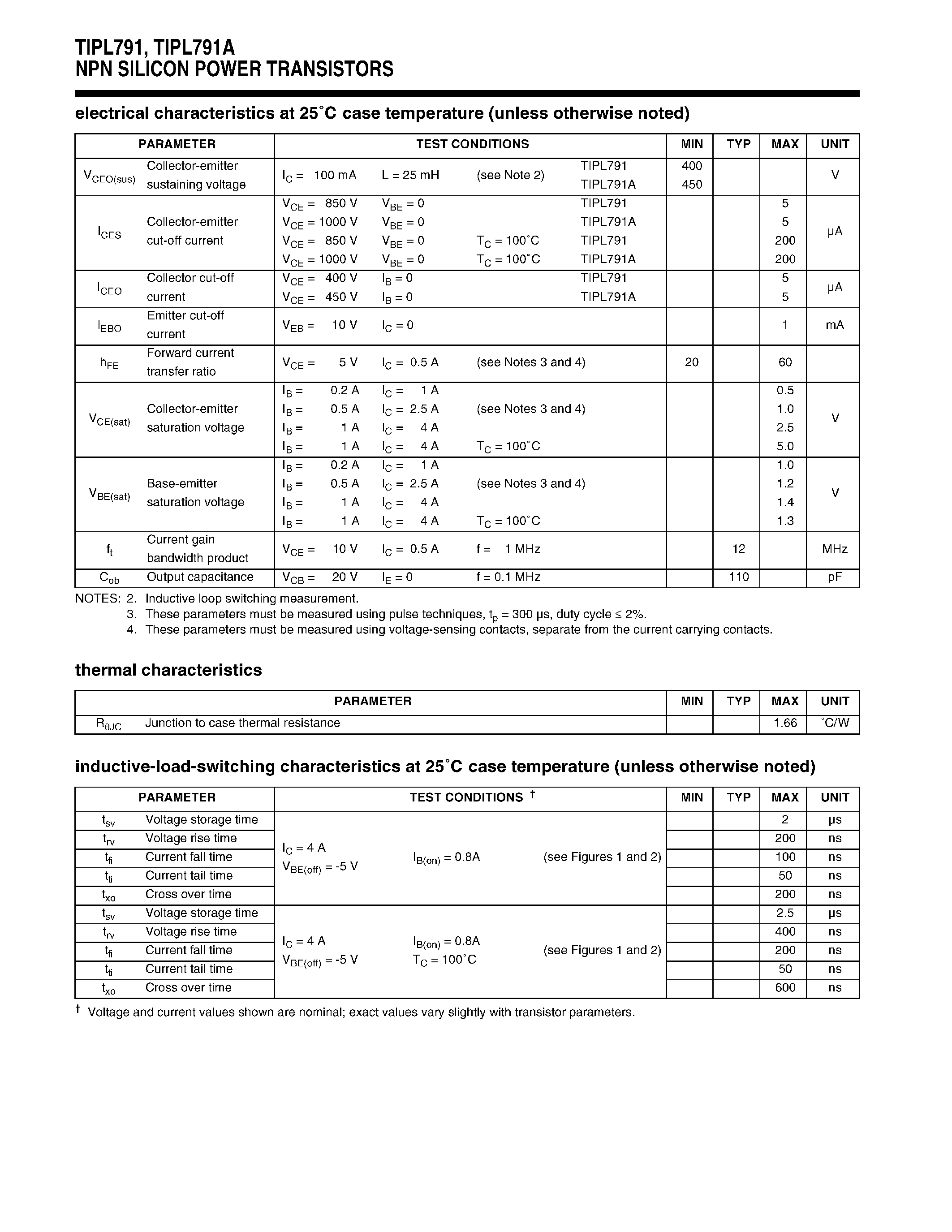Datasheet TIPL791 page 2 Datasheet TIPL791 - NPN SILICON POWER TRANSISTORS page 2