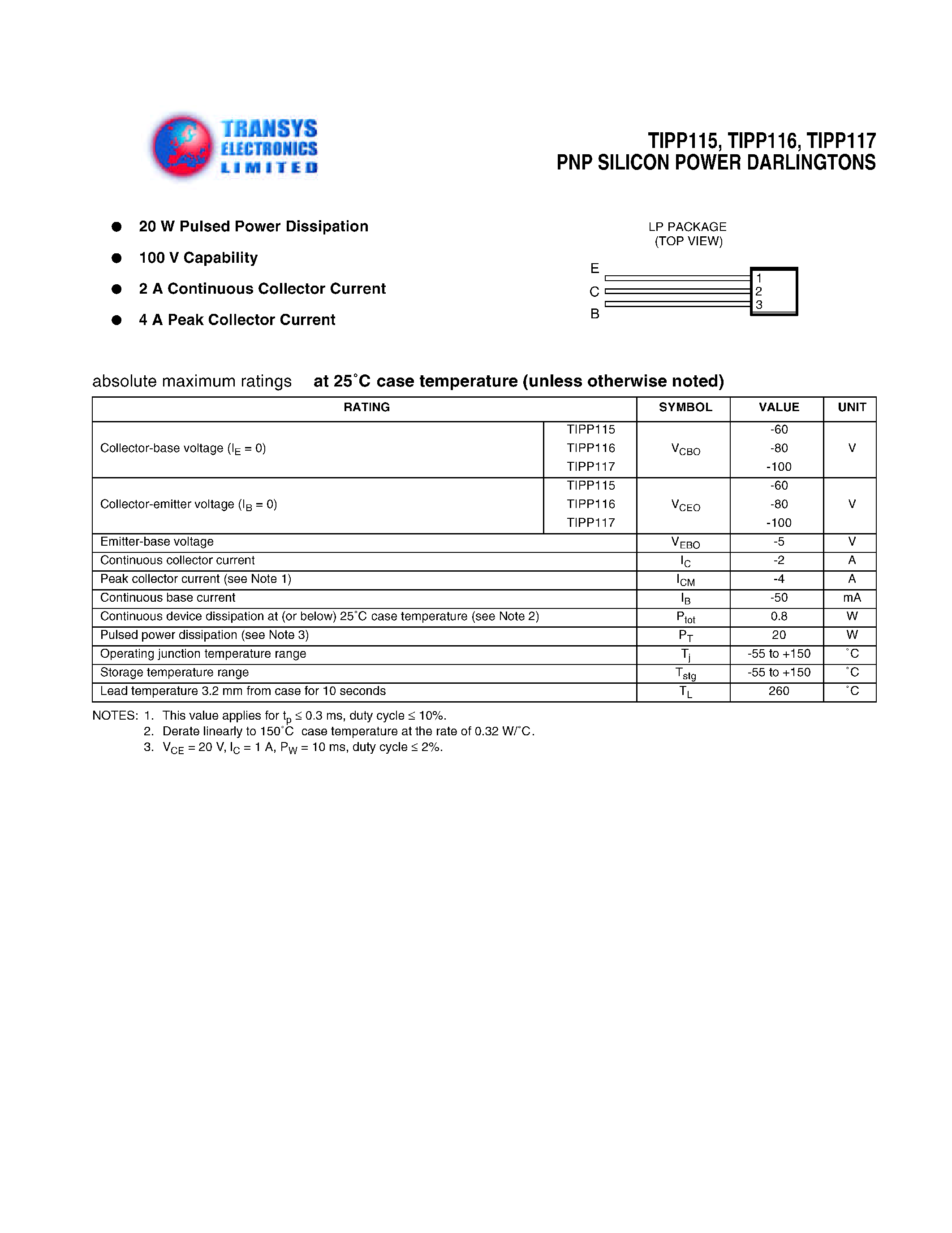 Datasheet TIPP115 page 1 Datasheet TIPP115 - PNP SILICON POWER DARLINGTONS page 1
