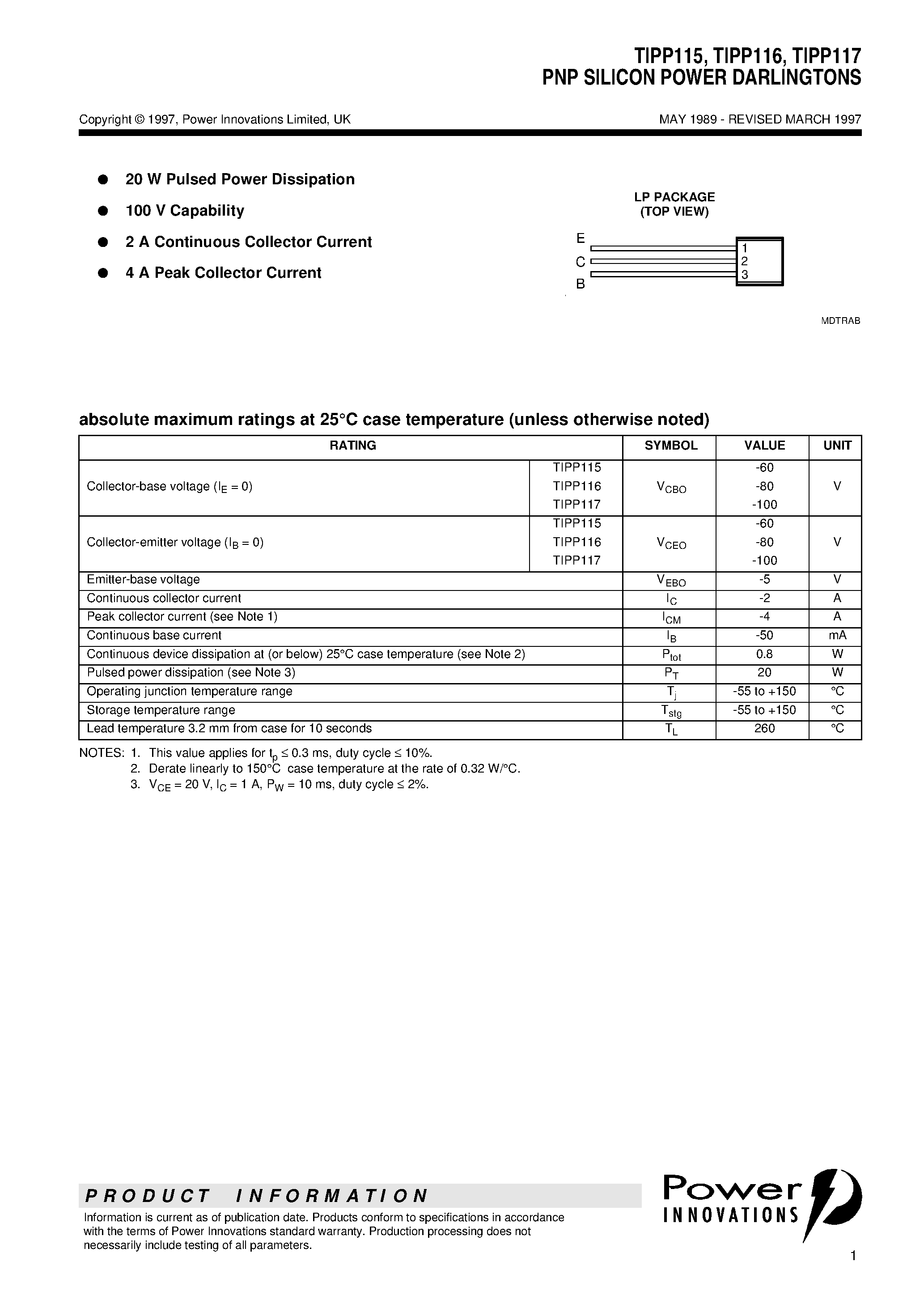 Datasheet TIPP116 - PNP SILICON POWER DARLINGTONS page 1