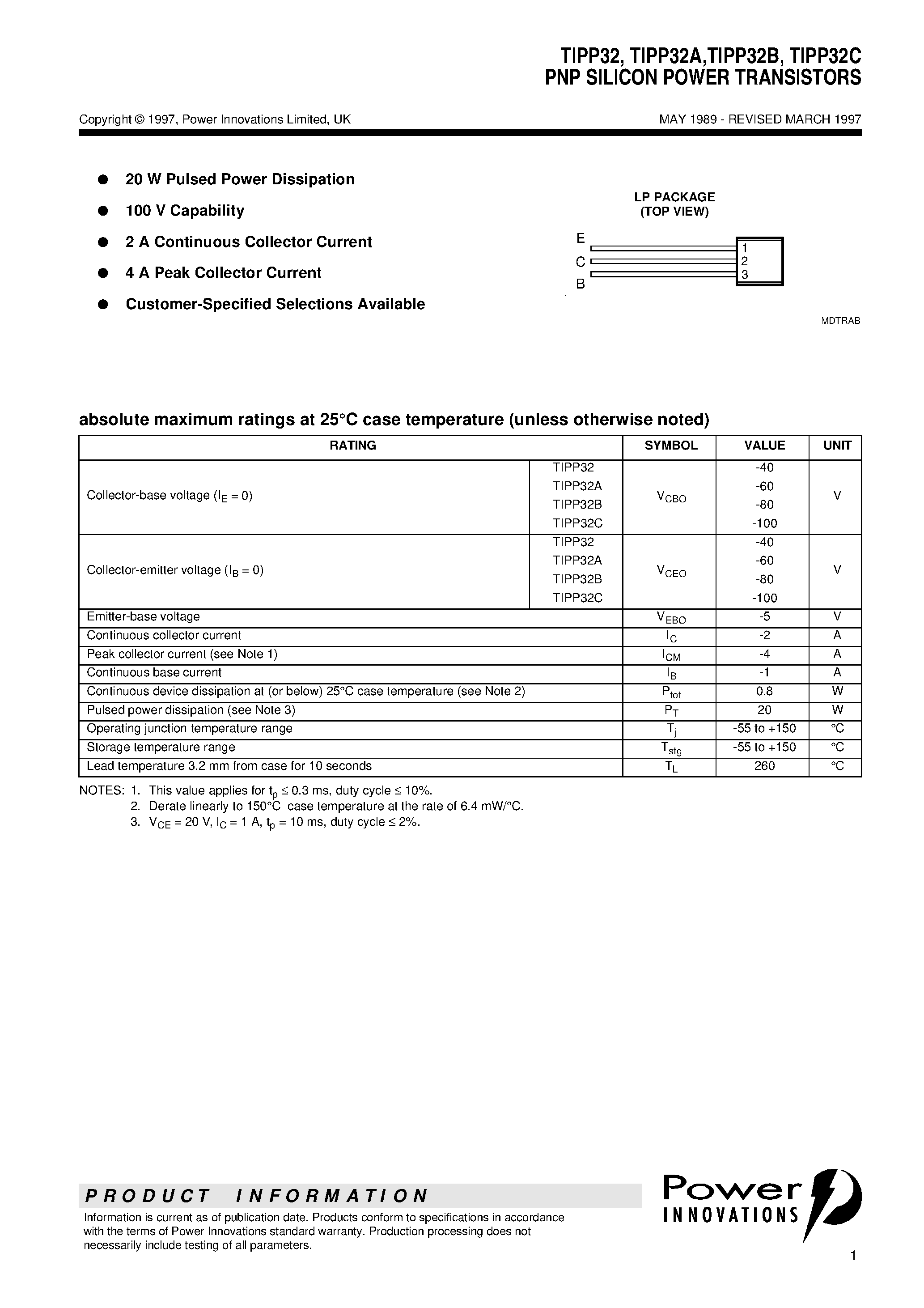 Datasheet TIPP32B page 1 Datasheet TIPP32B - PNP SILICON POWER TRANSISTORS page 1
