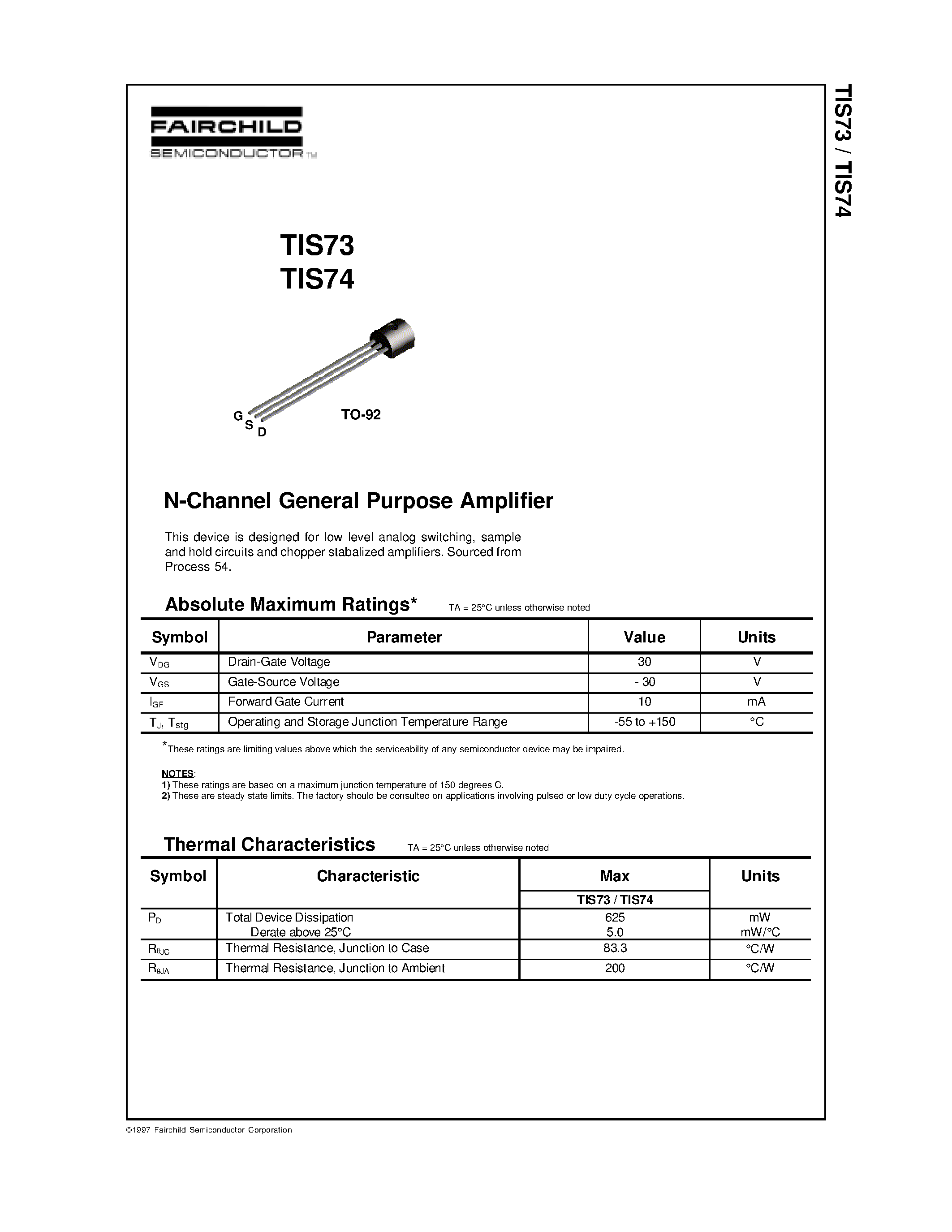 Datasheet TIS74 page 1 Datasheet TIS74 - N-Channel General Purpose Amplifier page 1