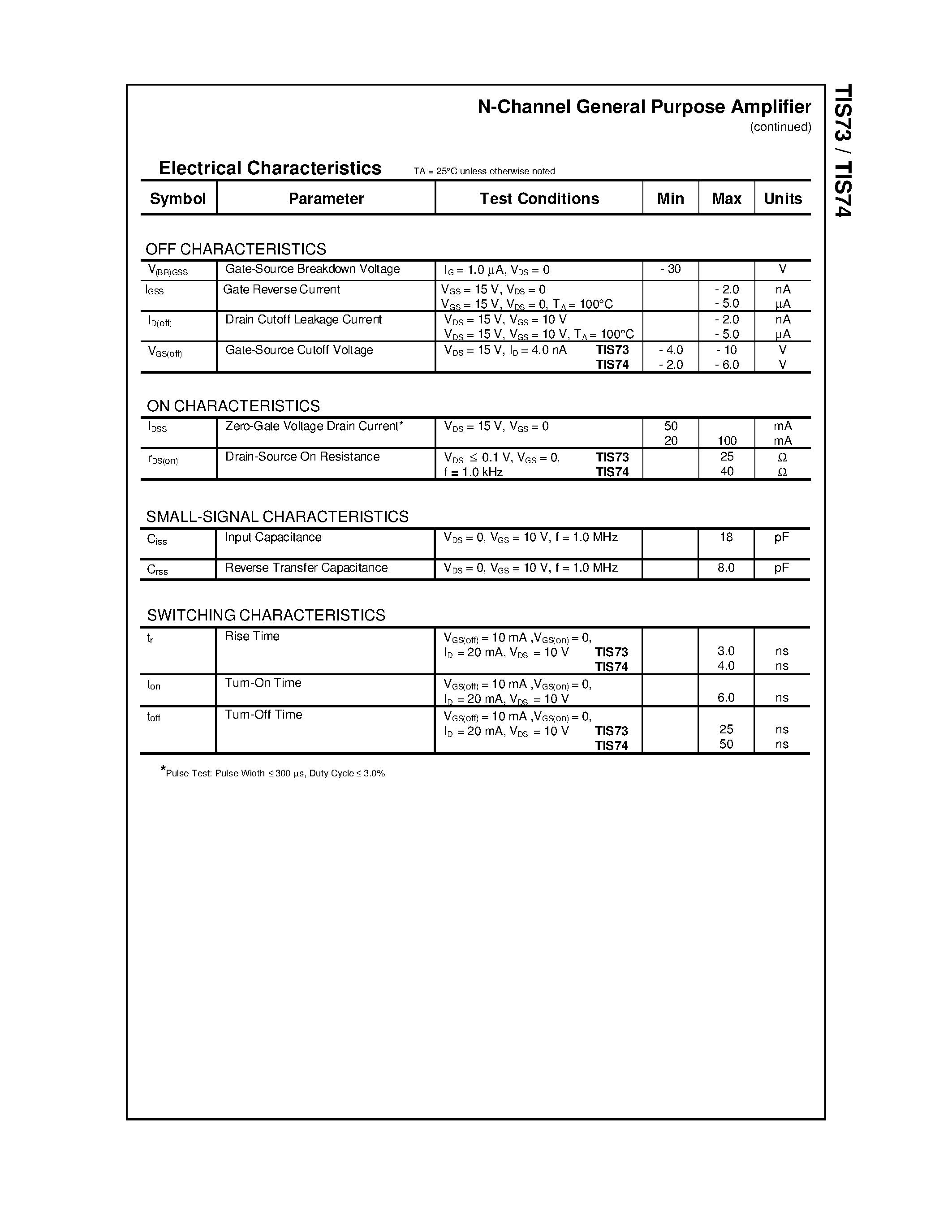 Datasheet TIS74 page 2 Datasheet TIS74 - N-Channel General Purpose Amplifier page 2