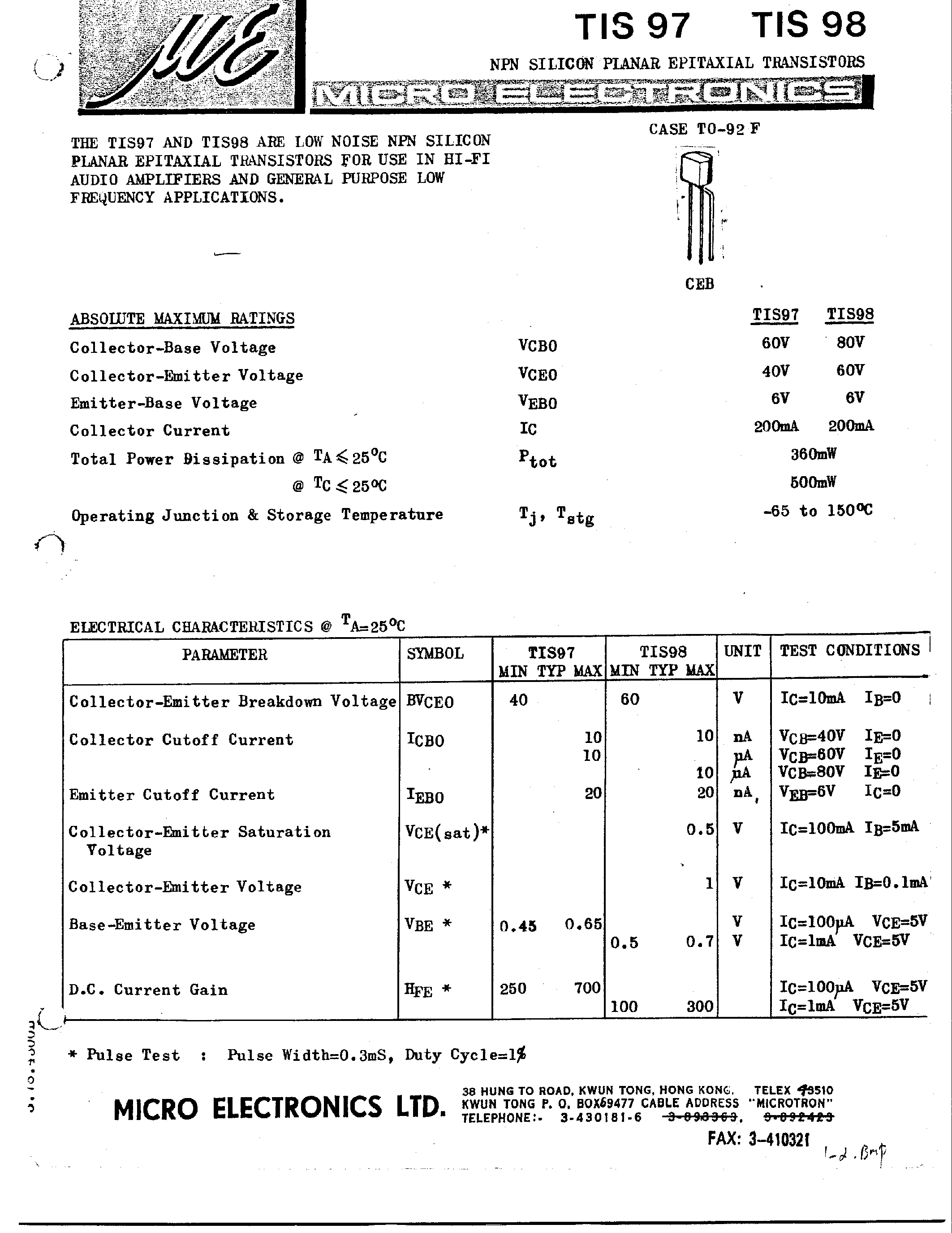 Даташит на микросхему TIS97 страница 1 Даташит TIS97 - NPN SILICON PLANAR EPITAXIAL TRANSISTORS страница 1