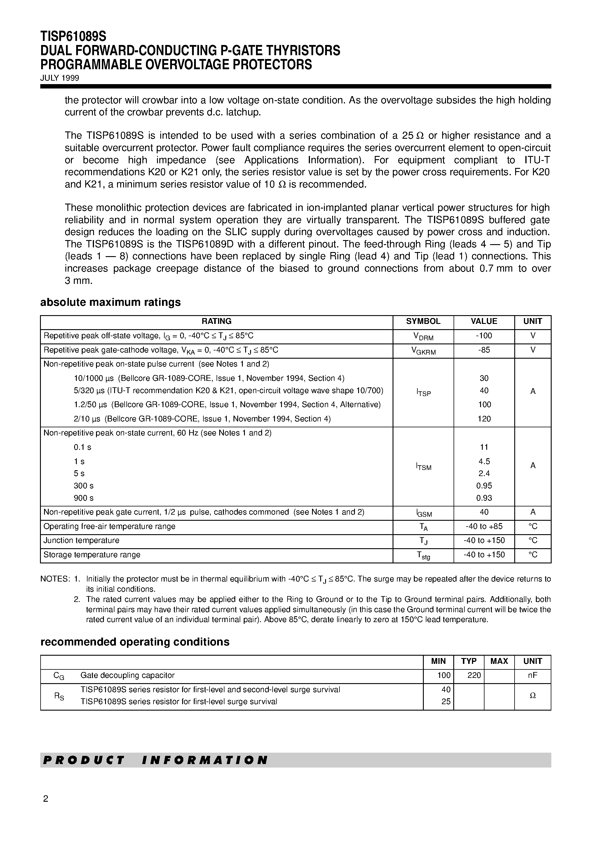 Даташит на микросхему TISP61089SD страница 2 Даташит TISP61089SD - DUAL FORWARD-CONDUCTING P-GATE THYRISTORS PROGRAMMABLE OVERVOLTAGE PROTECTORS страница 2