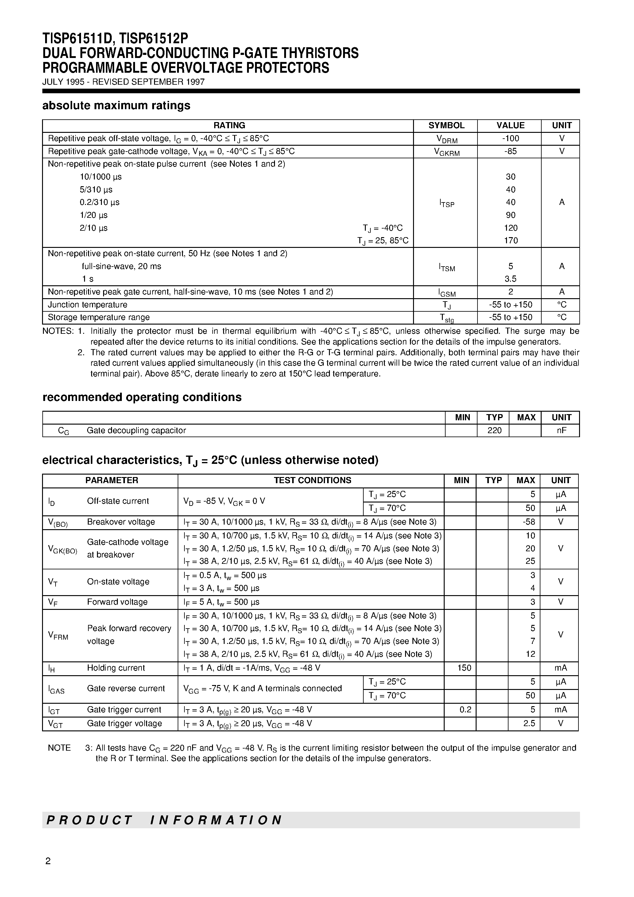 Datasheet TISP61512P page 2 Datasheet TISP61512P - DUAL FORWARD-CONDUCTING P-GATE THYRISTORS PROGRAMMABLE OVERVOLTAGE PROTECTORS page 2