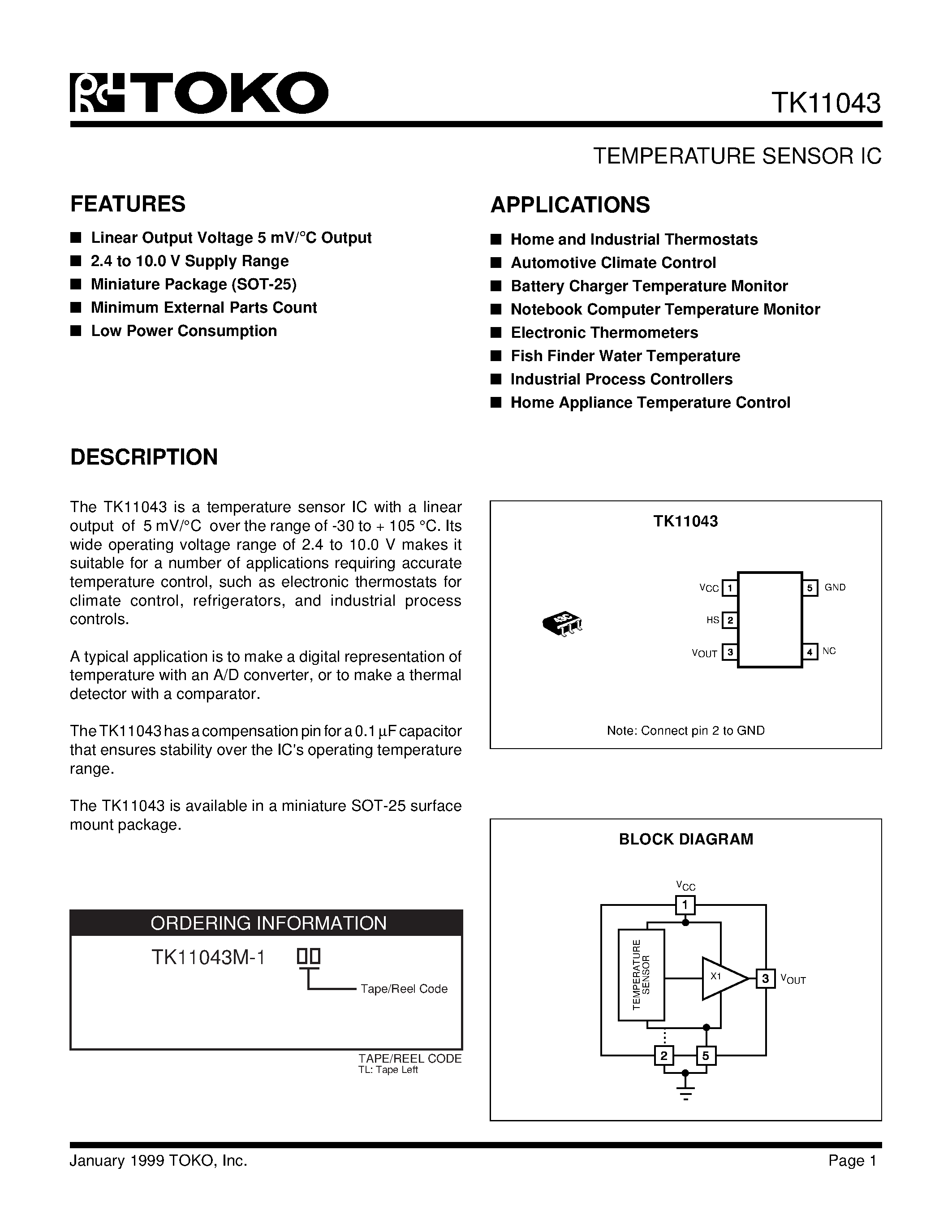 Даташит TK11043M-1 - TEMPERATURE SENSOR IC страница 1