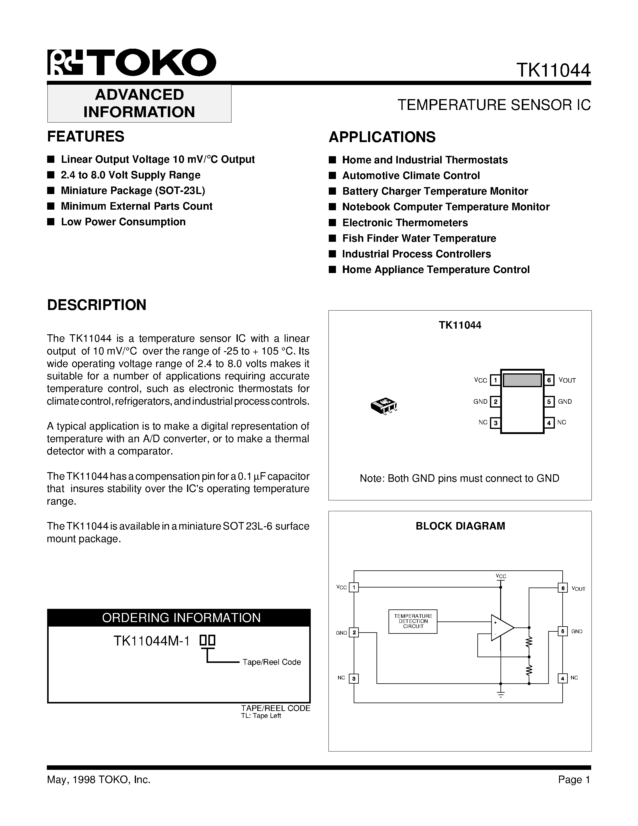 Даташит TK11044M-1 - TEMPERATURE SENSOR IC страница 1