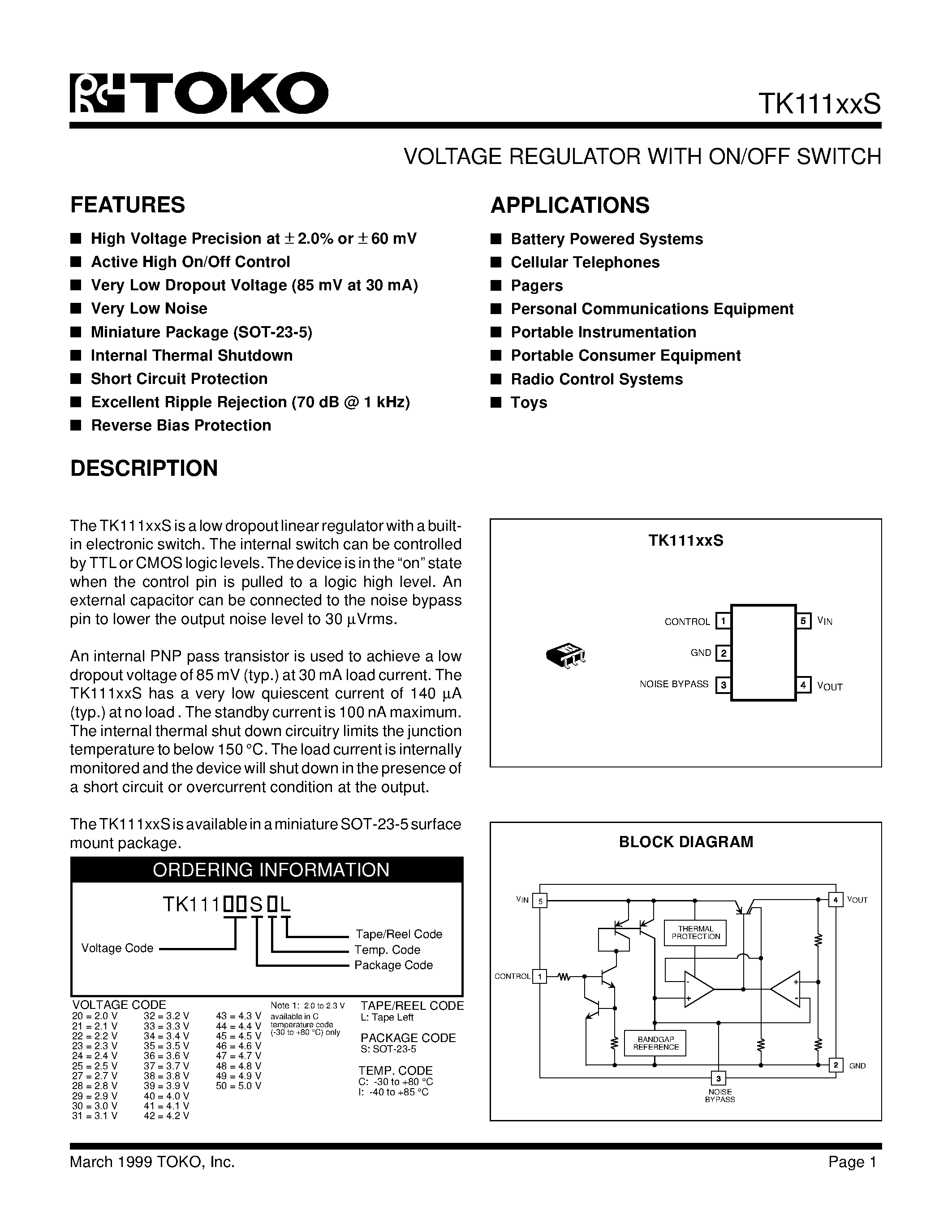 Datasheet TK11123SCL page 1 Datasheet TK11123SCL - VOLTAGE REGULATOR WITH ON/OFF SWITCH page 1