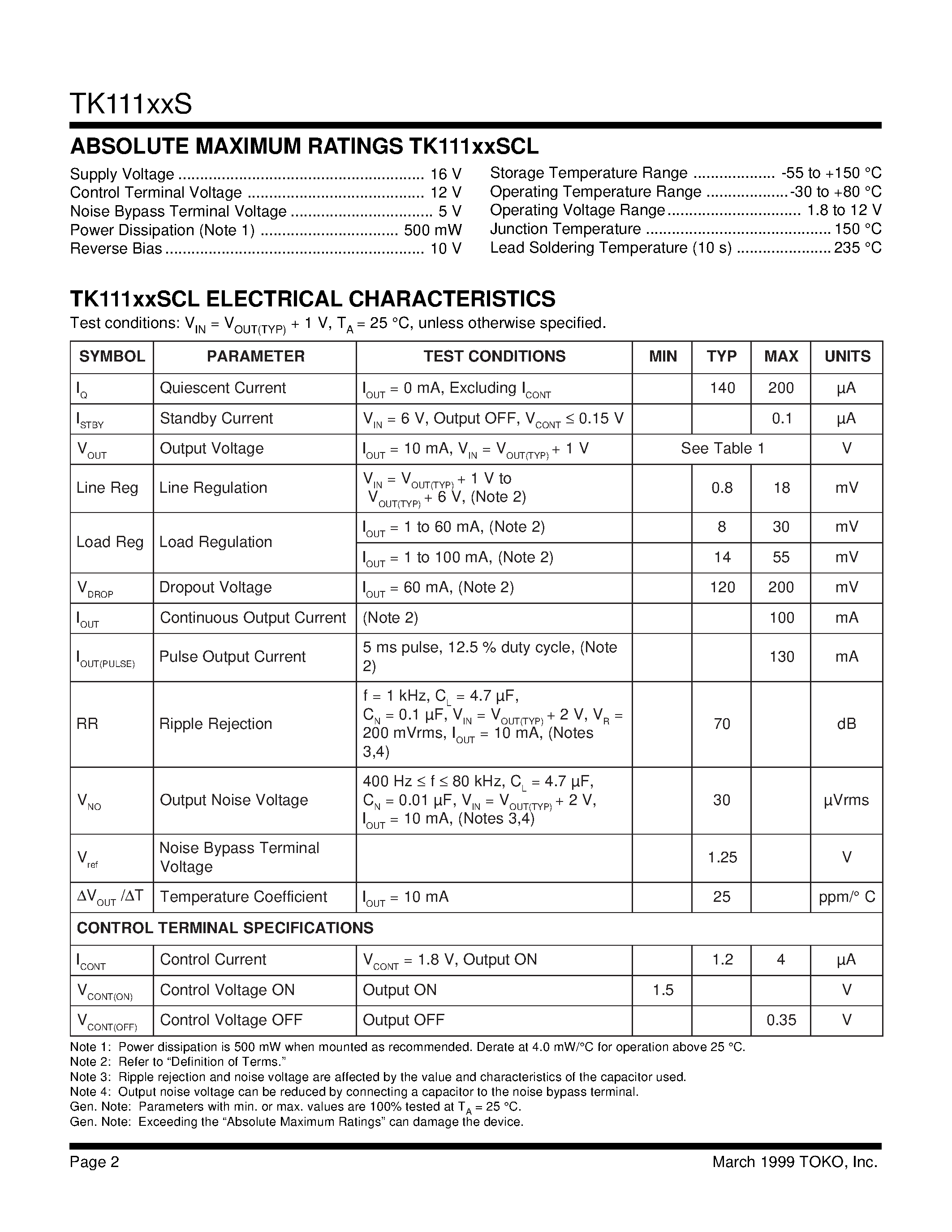 Datasheet TK11147SIL - VOLTAGE REGULATOR WITH ON/OFF SWITCH page 2