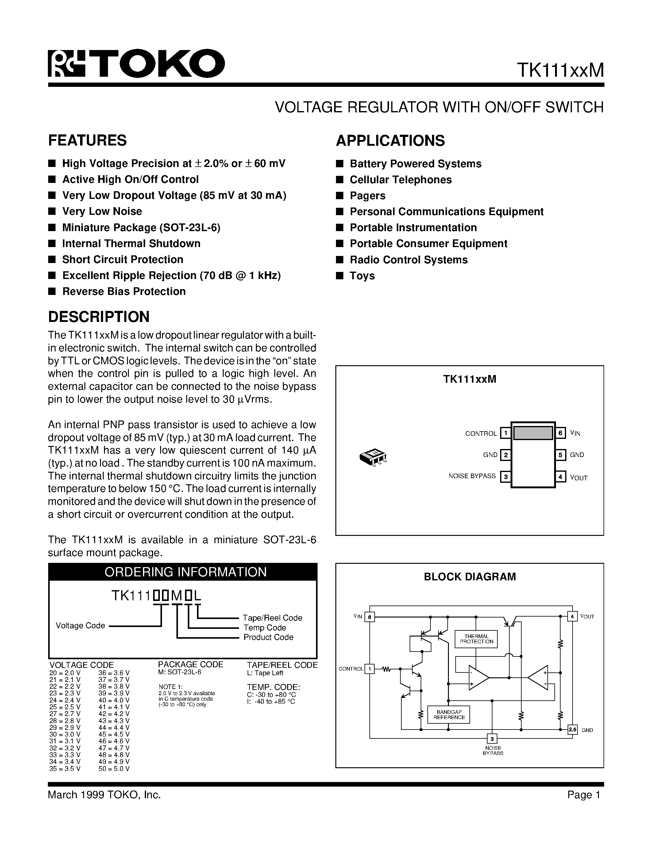 Datasheet TK11150M page 1 Datasheet TK11150M - VOLTAGE REGULATOR WITH ON/OFF SWITCH page 1
