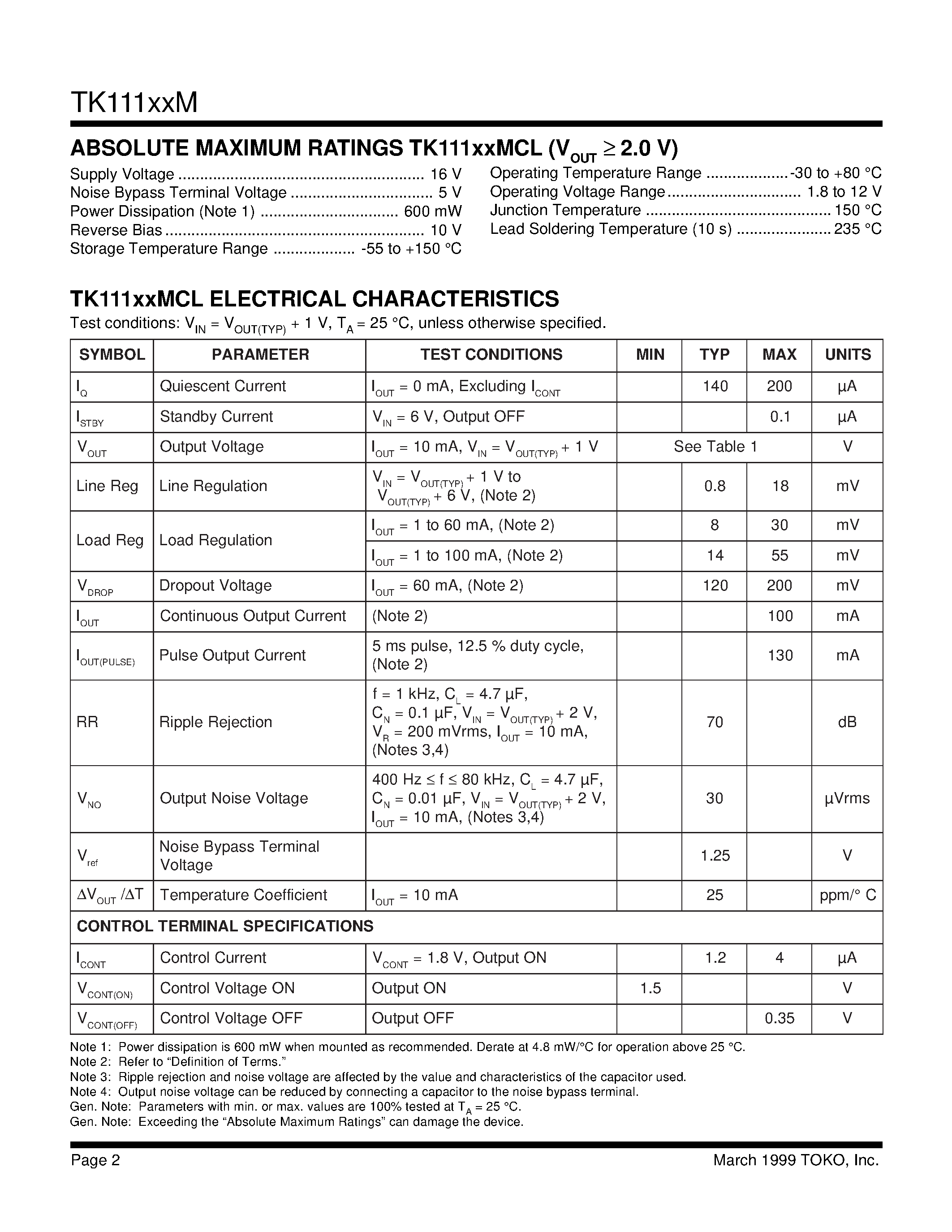 Datasheet TK11150M page 2 Datasheet TK11150M - VOLTAGE REGULATOR WITH ON/OFF SWITCH page 2