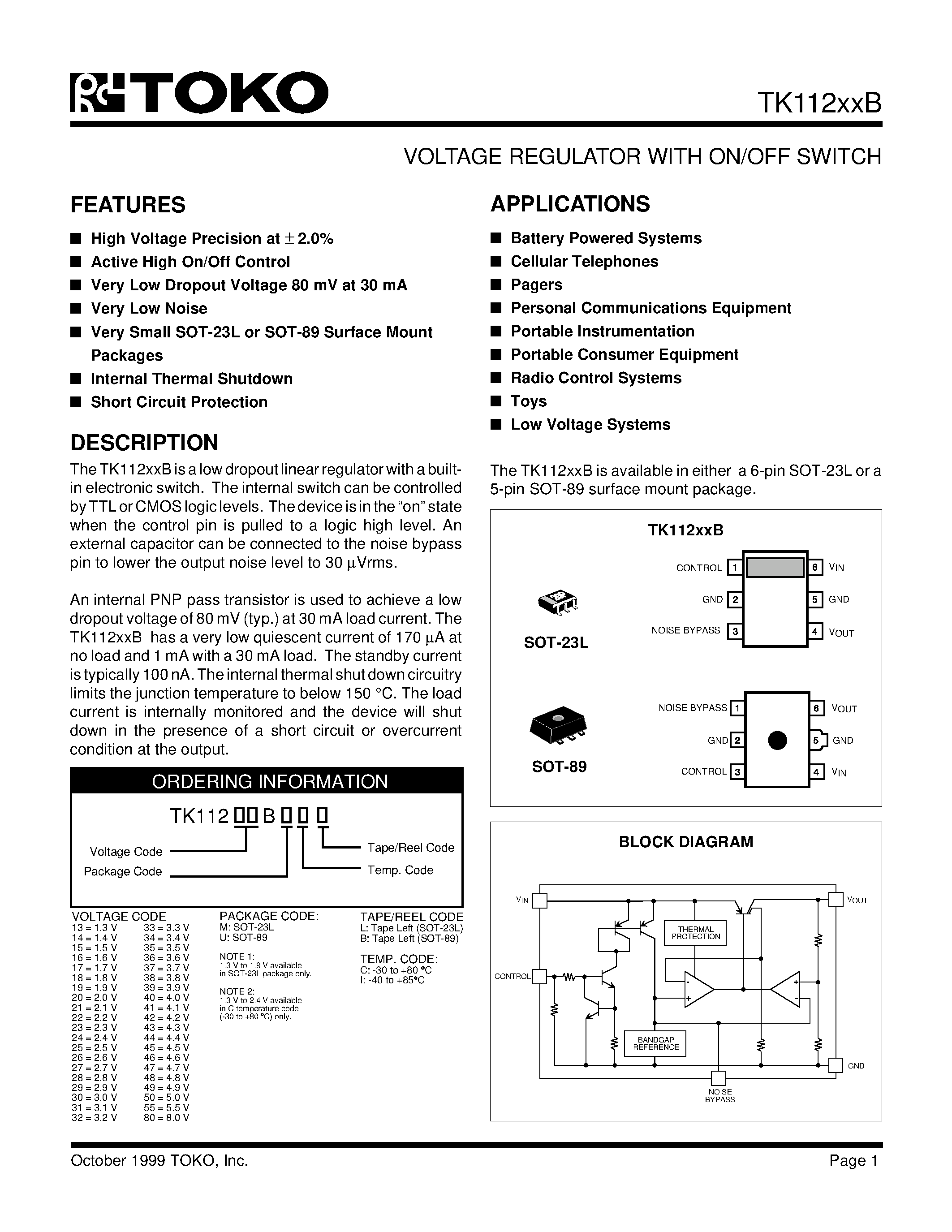 Datasheet TK11239BMIB - VOLTAGE REGULATOR WITH ON/OFF SWITCH page 1