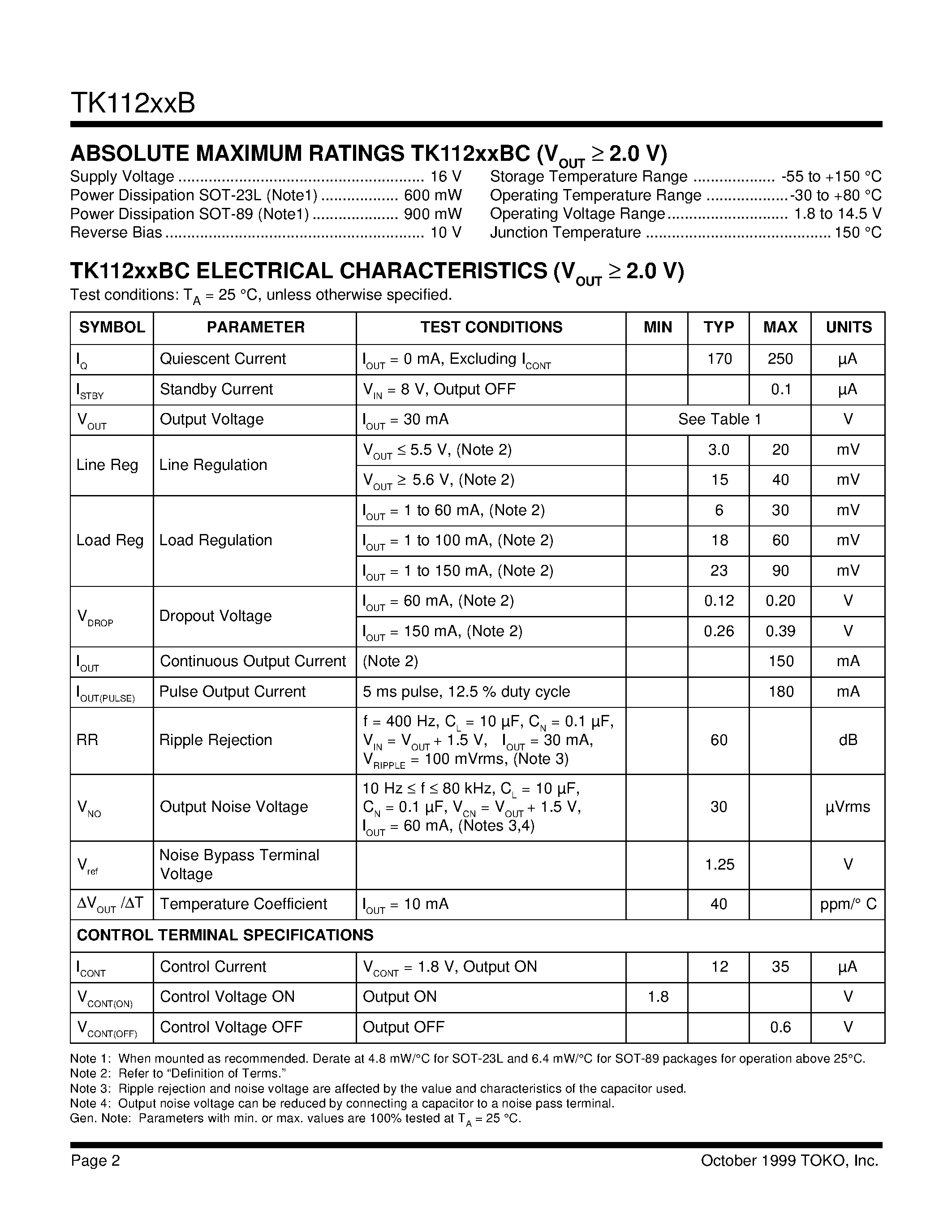 Datasheet TK11250AMTB - VOLTAGE REGULATOR WITH ON/OFF SWITCH page 2