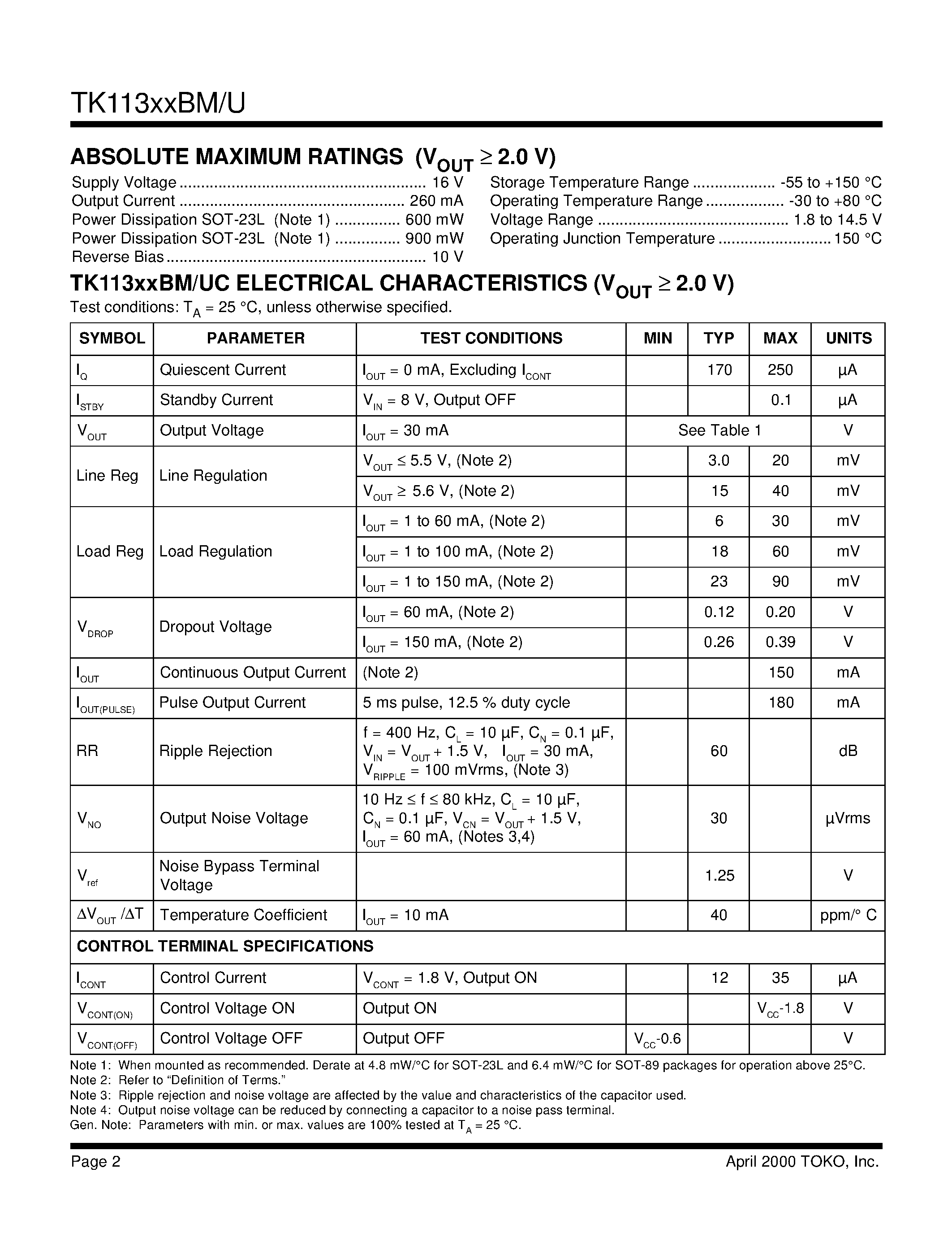 Datasheet TK11322BMIB - VOLTAGE REGULATOR WITH ON/OFF SWITCH page 2