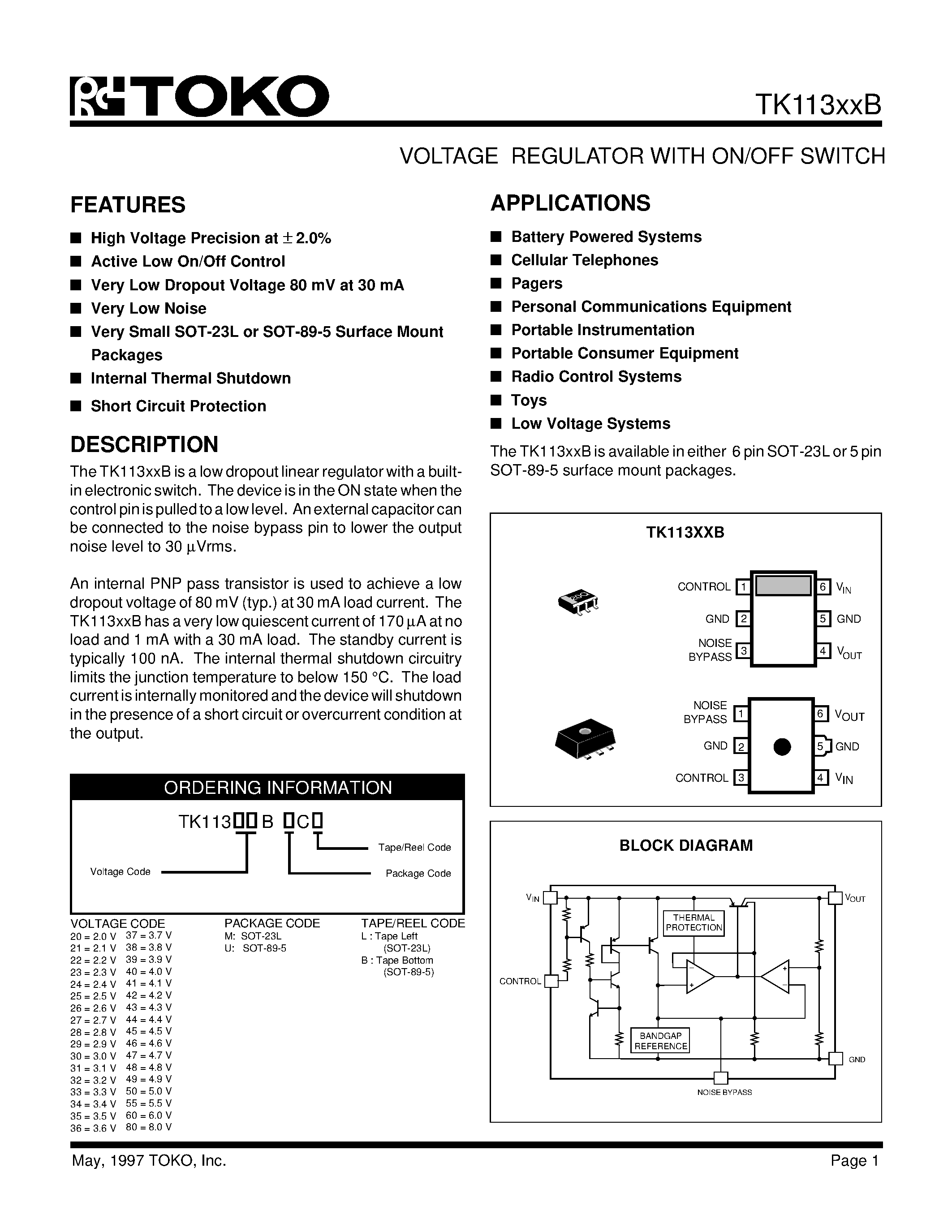 Datasheet TK11325BMCL - VOLTAGE REGULATOR WITH ON/OFF SWITCH page 1