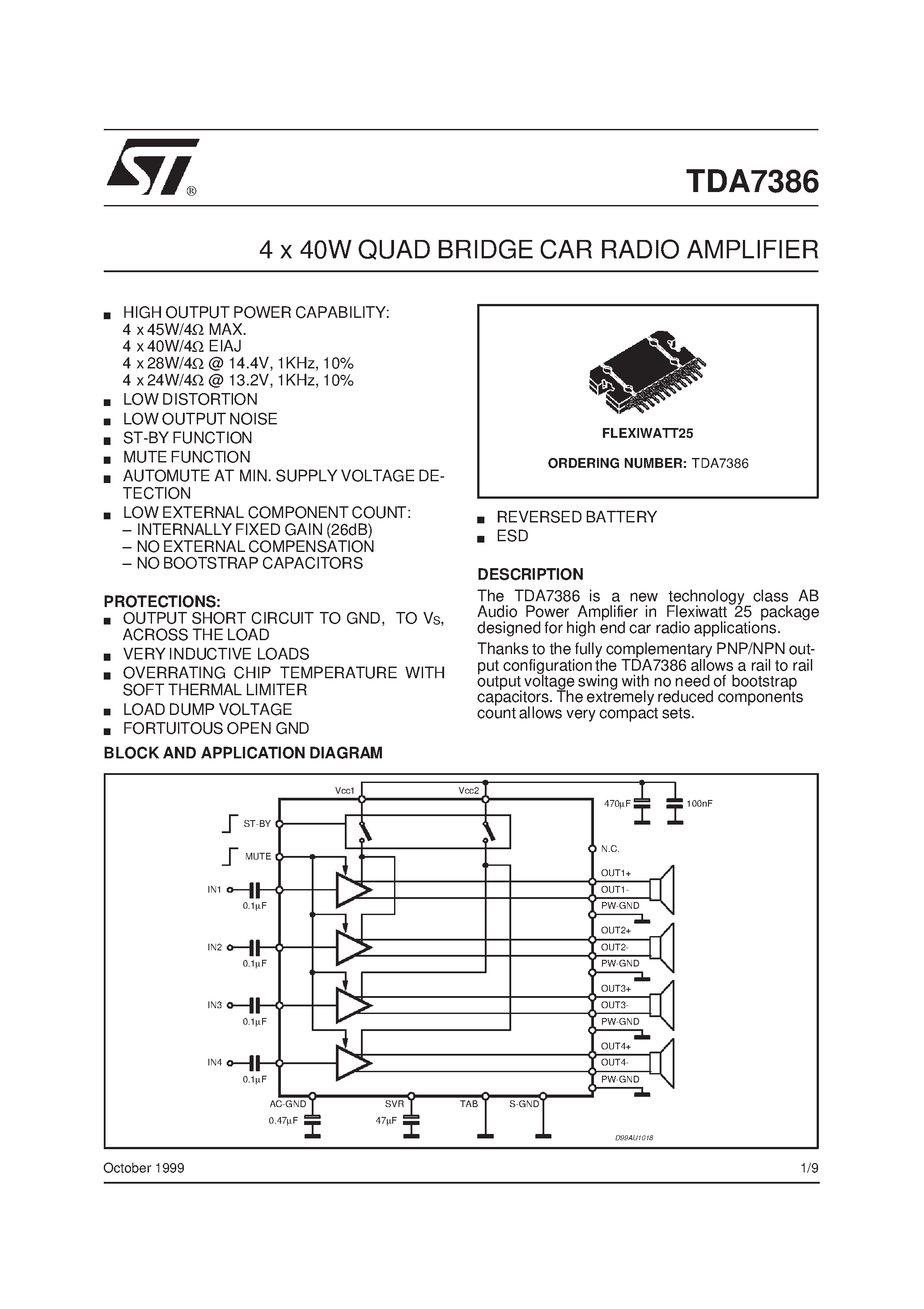 Даташит на микросхему TDA7386 страница 1 Даташит TDA7386 - 4 x 40W QUAD BRIDGE CAR RADIO AMPLIFIER страница 1