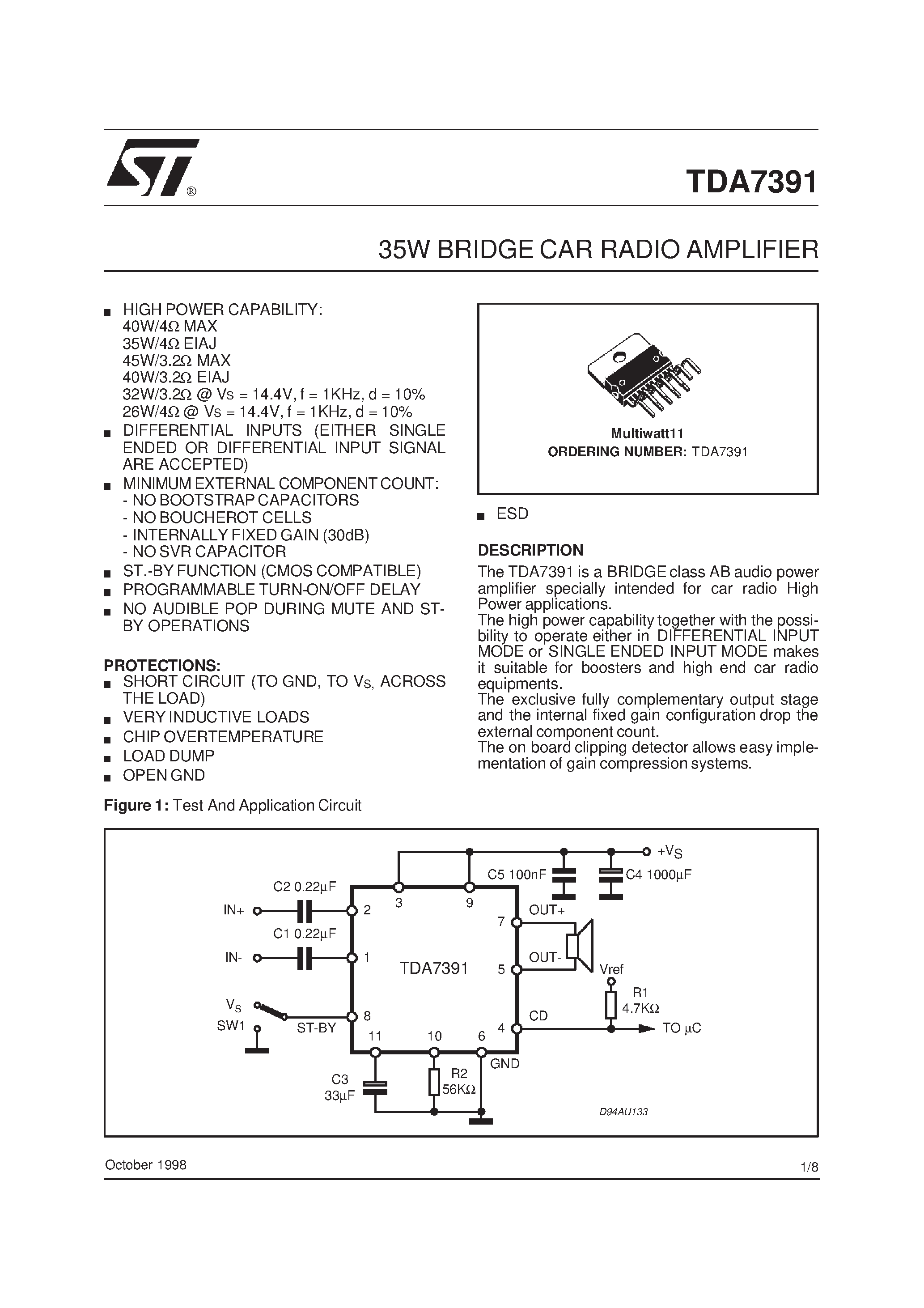 Datasheet TDA7391 - 35W BRIDGE CAR RADIO AMPLIFIER page 1