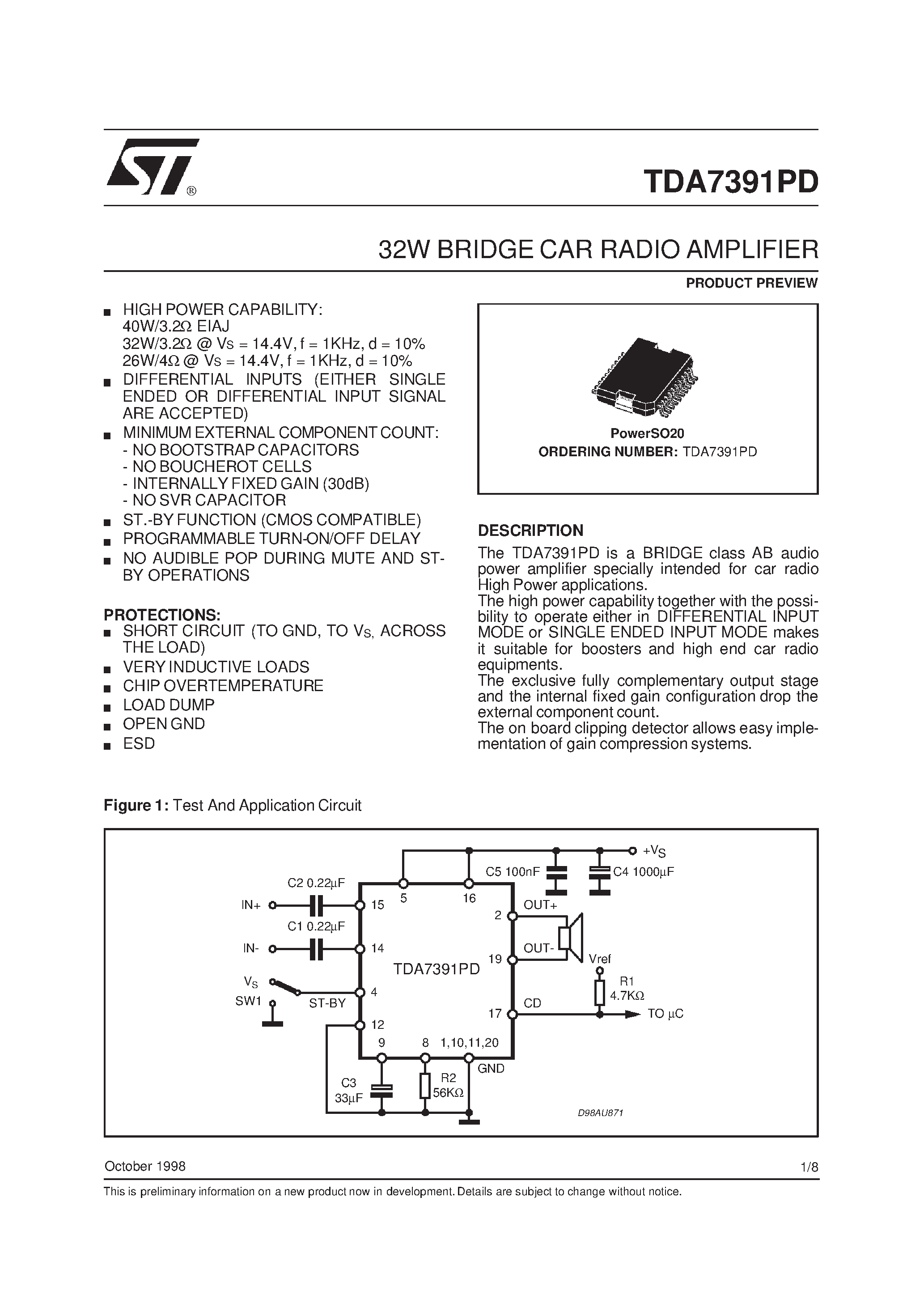 Datasheet TDA7391PD - 32W BRIDGE CAR RADIO AMPLIFIER page 1