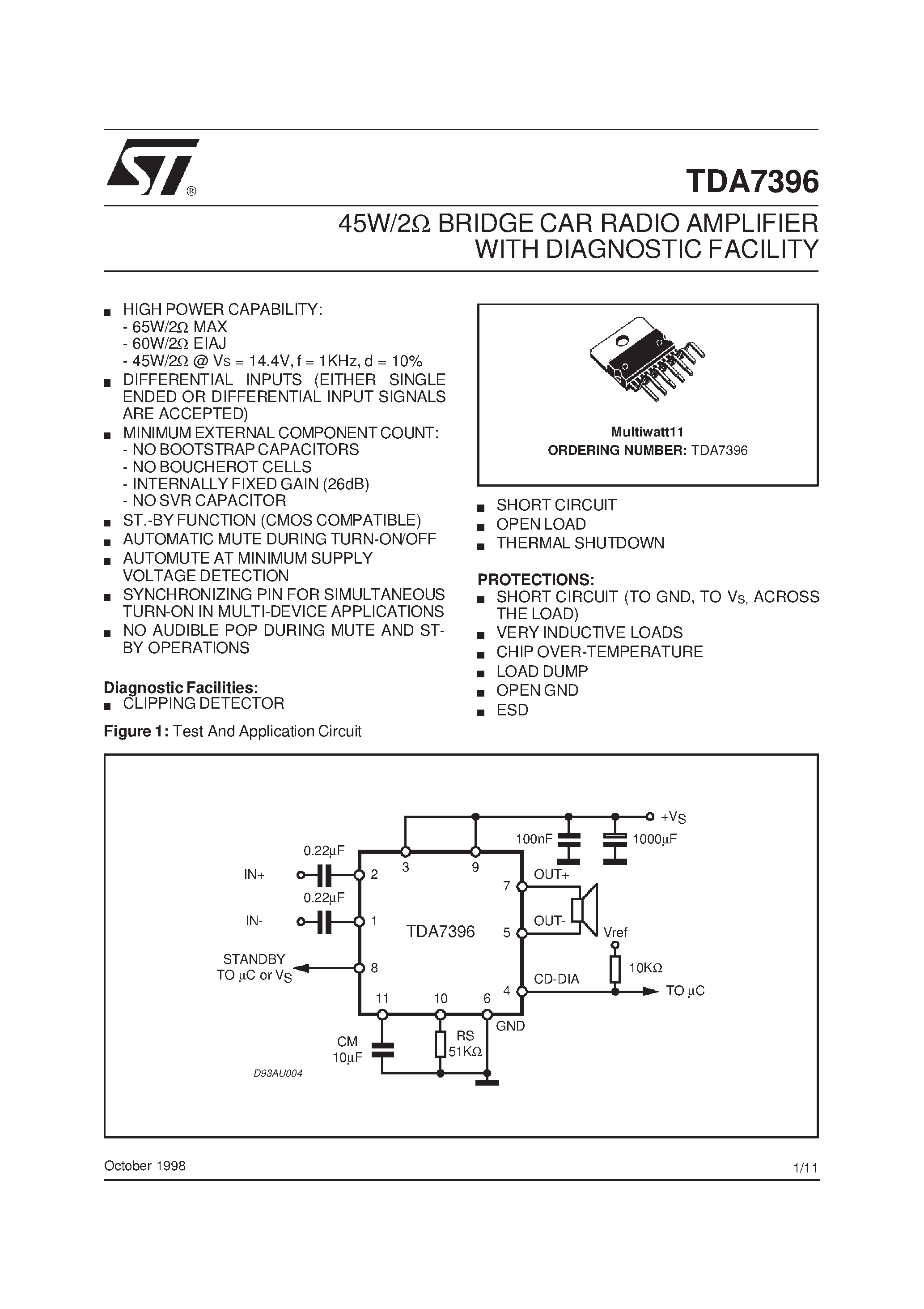 Datasheet TDA7396 - 45W/2ohm BRIDGE CAR RADIO AMPLIFIER WITH DIAGNOSTIC FACILITY page 1