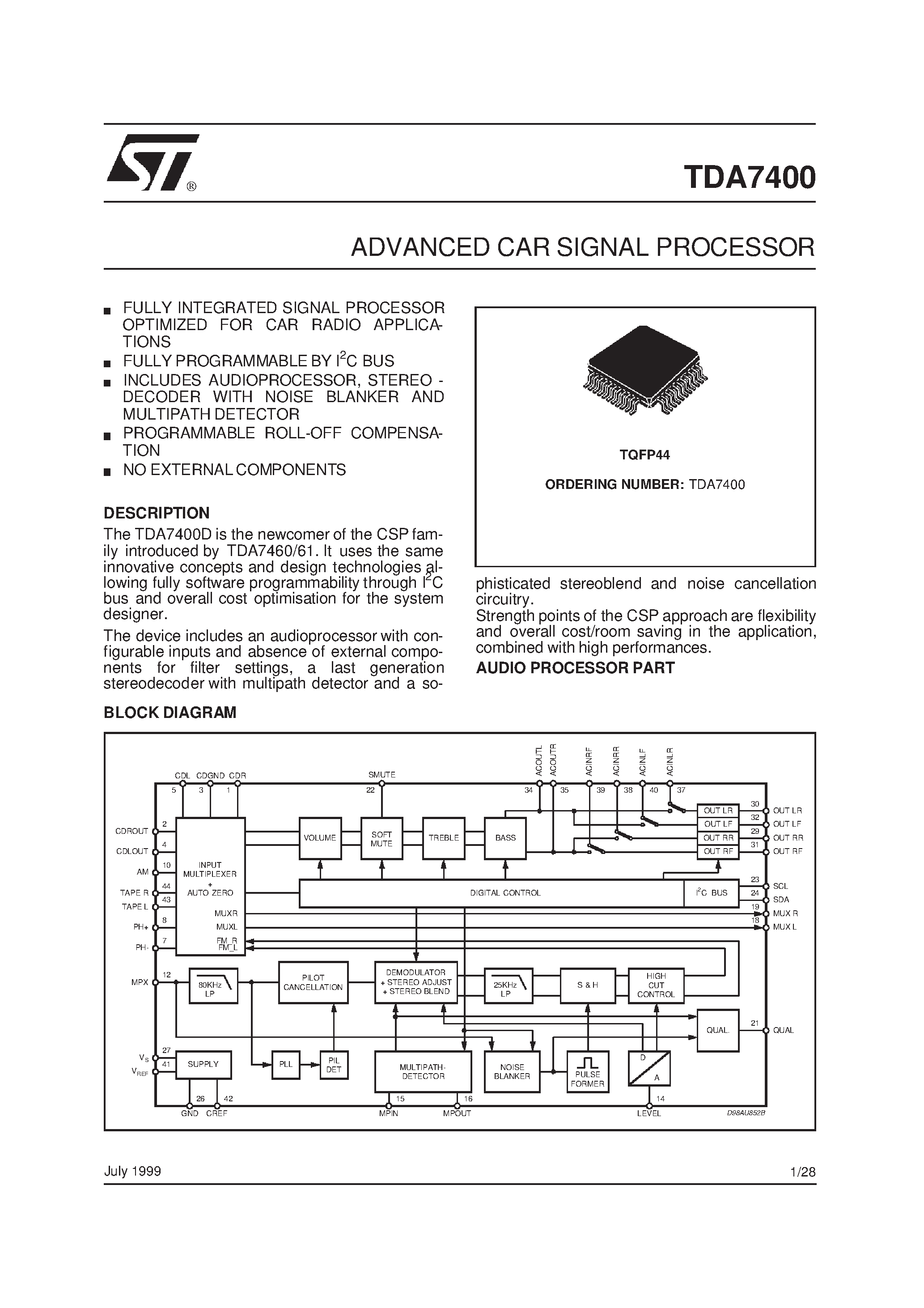 Datasheet TDA7400 - ADVANCED CAR SIGNAL PROCESSOR page 1