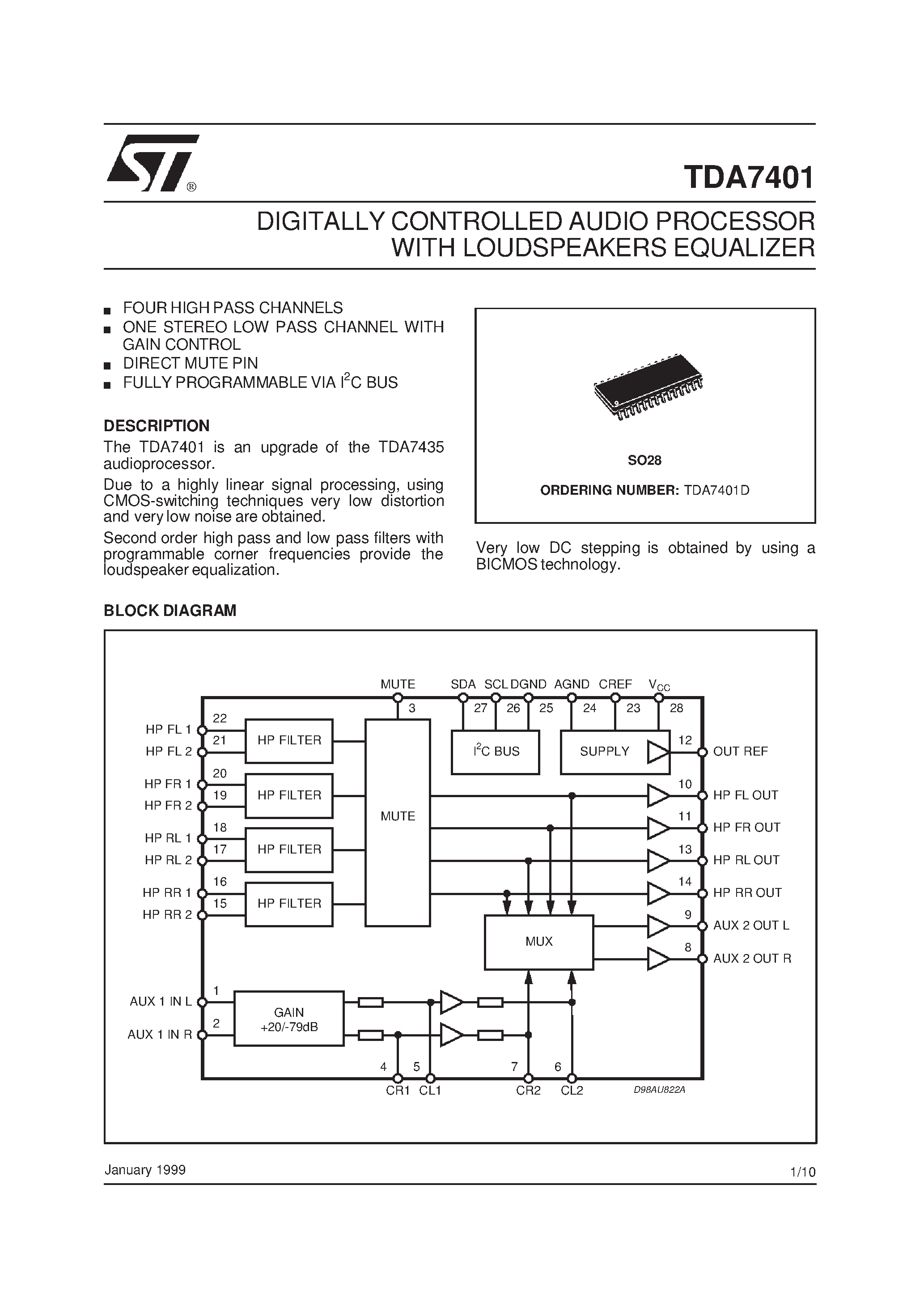 Datasheet TDA7401 - DIGITALLY CONTROLLED AUDIO PROCESSOR WITH LOUDSPEAKERS EQUALIZER page 1