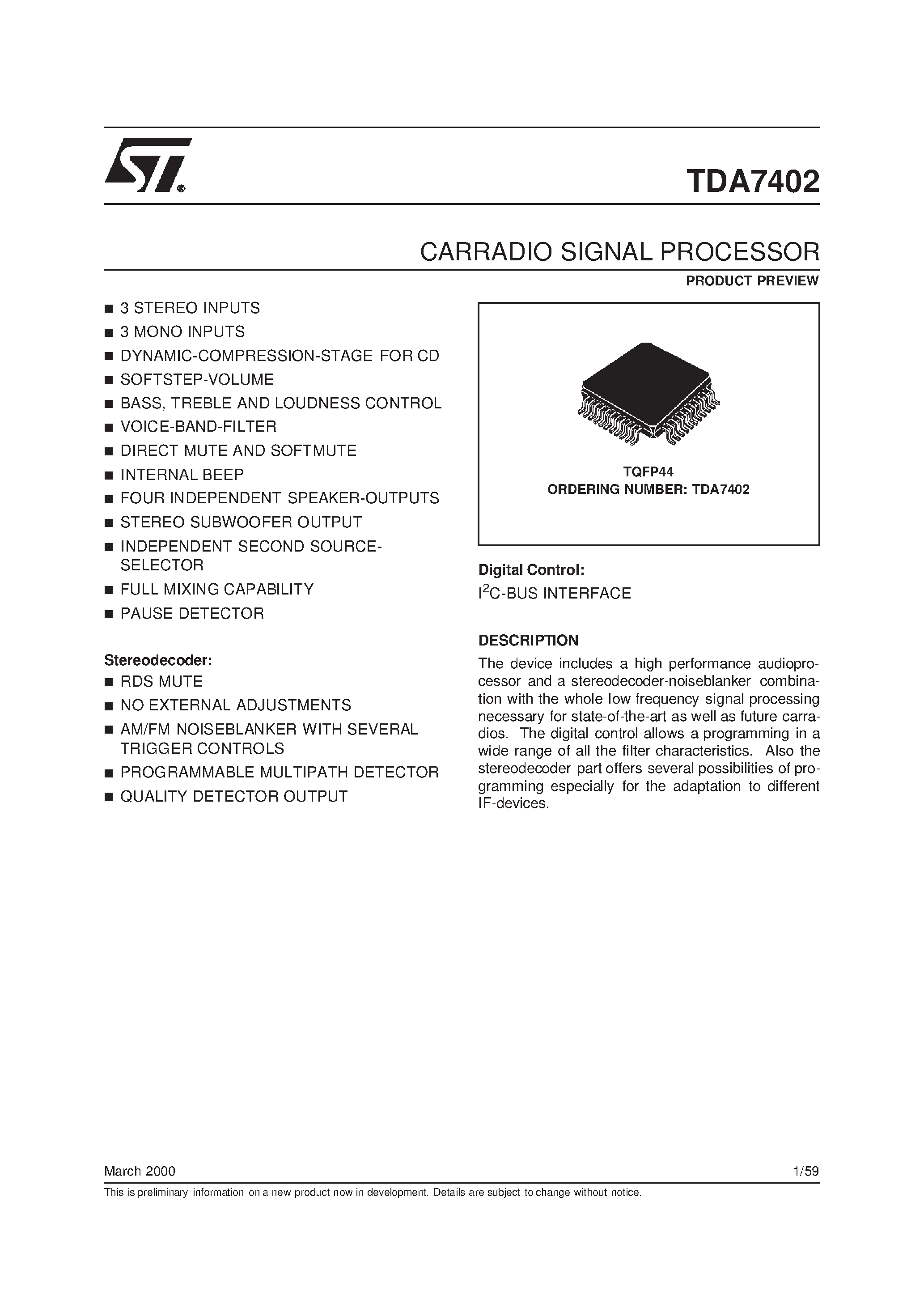 Datasheet TDA7402 - CARRADIO SIGNAL PROCESSOR page 1