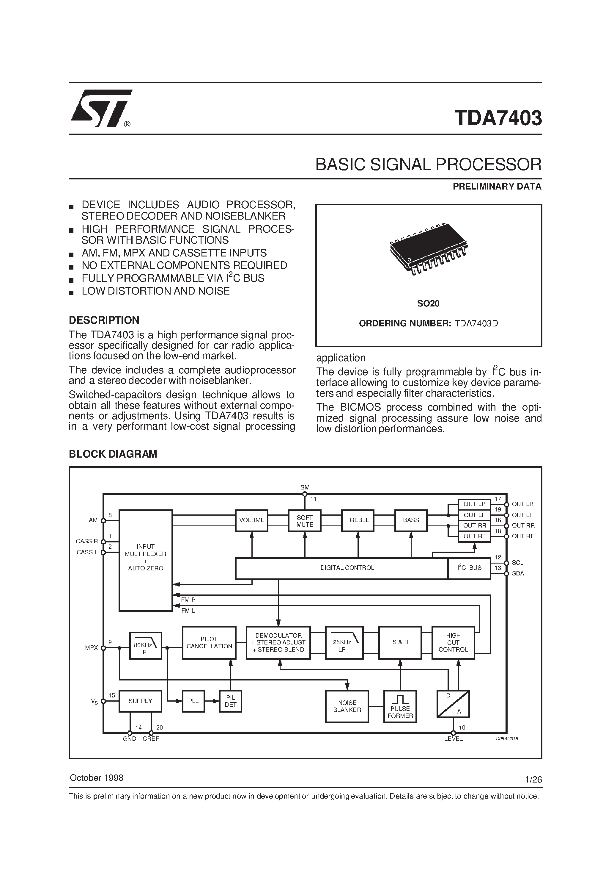 Datasheet TDA7403 - BASIC SIGNAL PROCESSOR page 1
