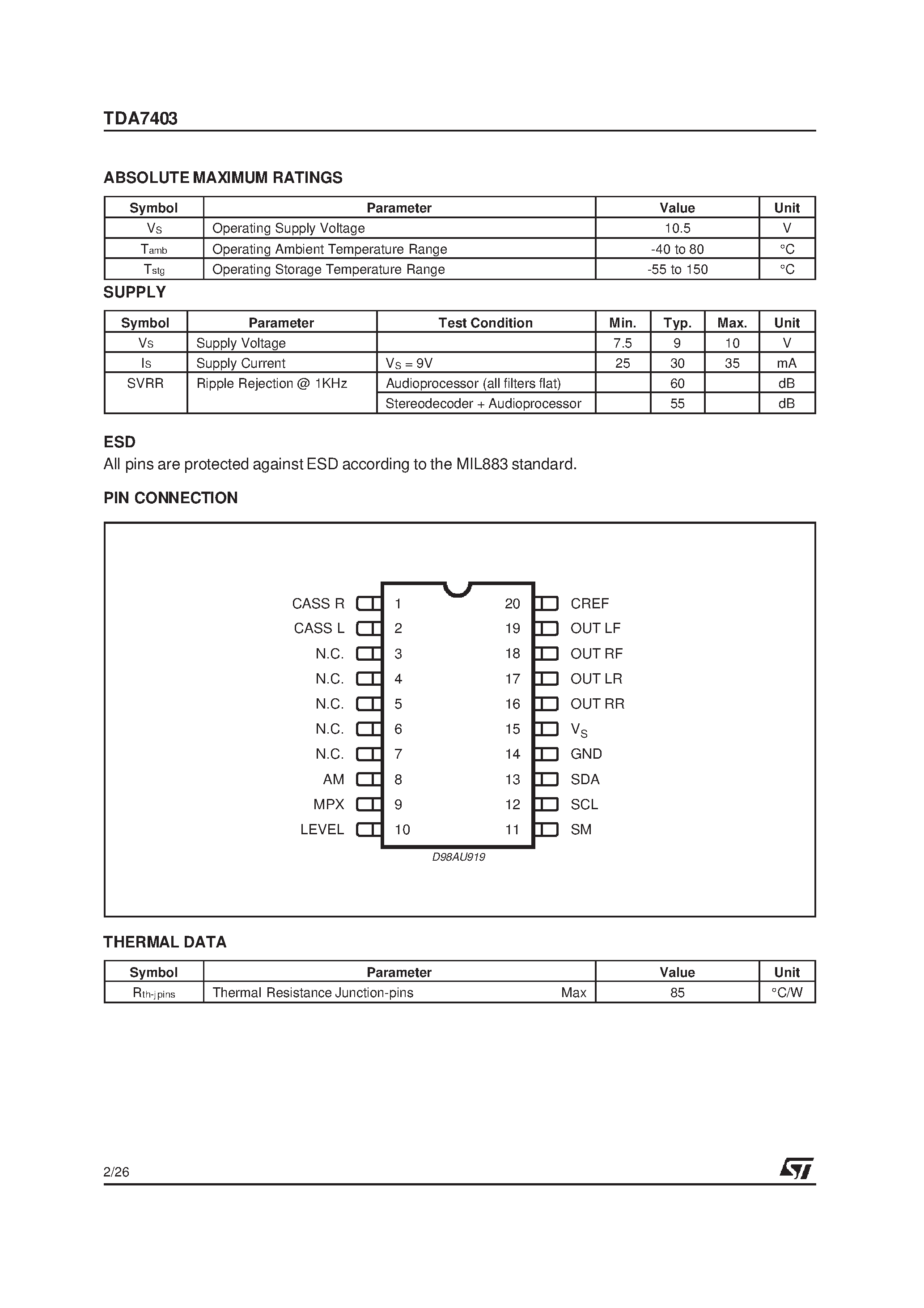 Datasheet TDA7403D - BASIC SIGNAL PROCESSOR page 2