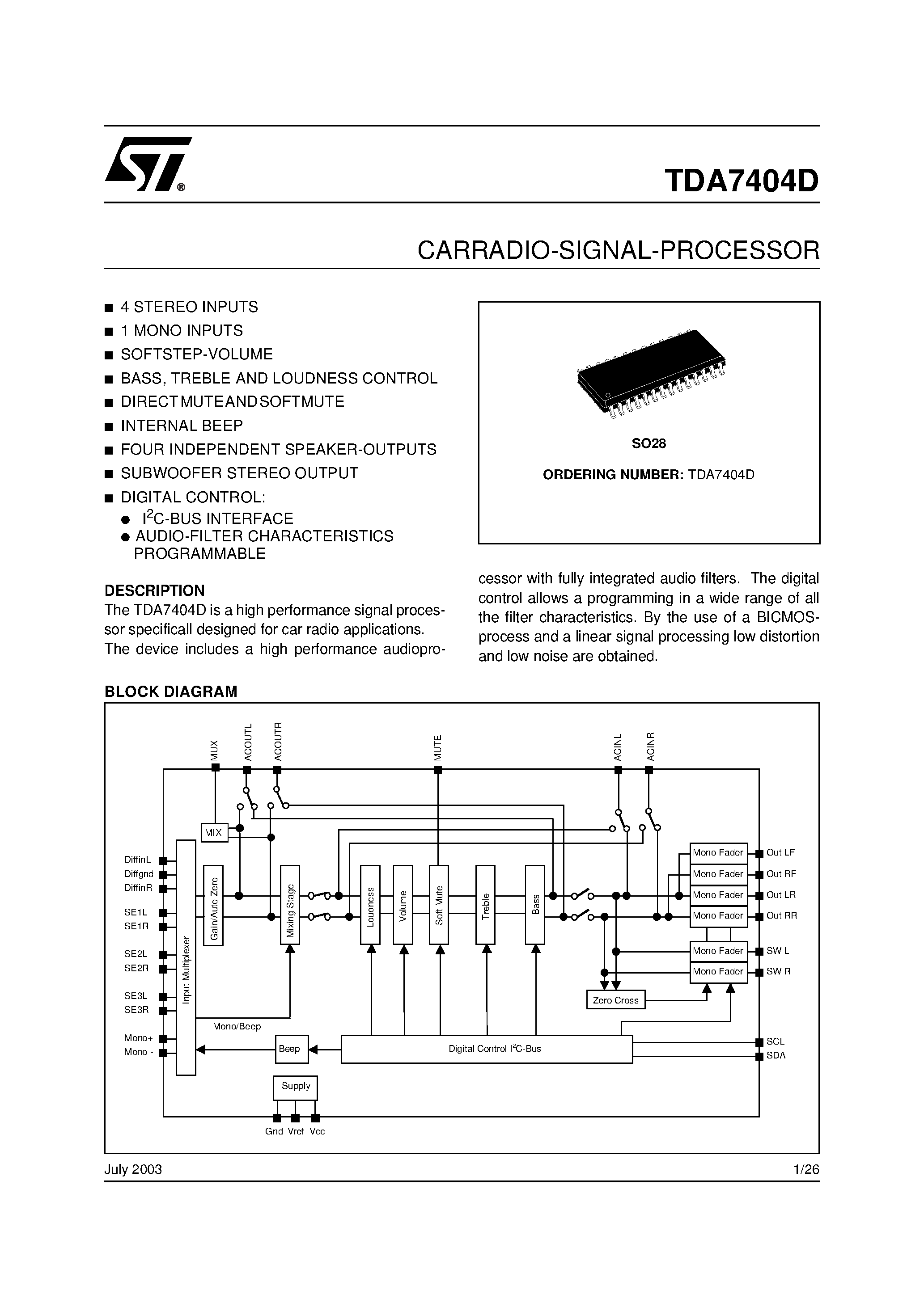 Datasheet TDA7404 - CARRADIO-SIGNAL-PROCESSOR page 1