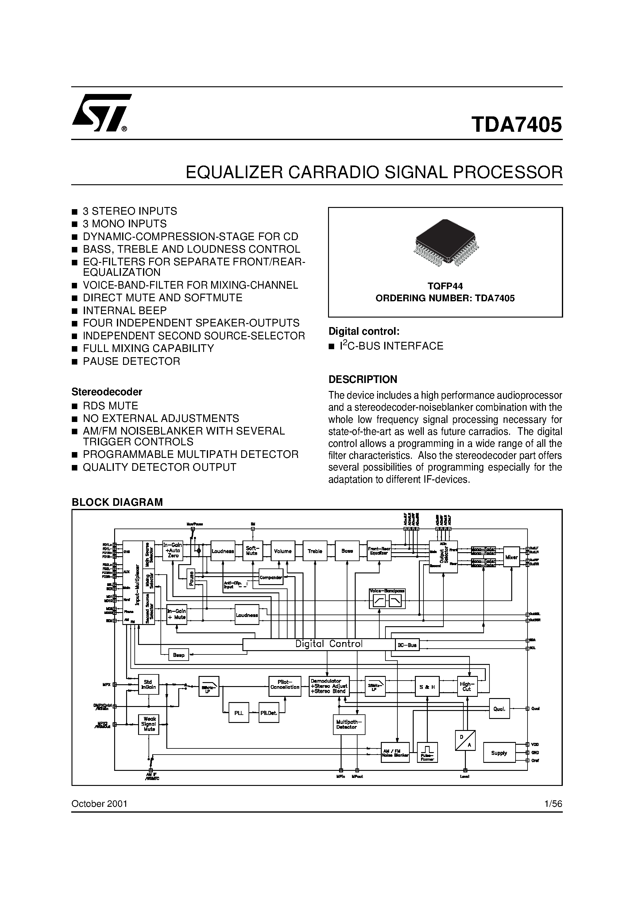 Datasheet TDA7405 - EQUALIZER CARRADIO SIGNAL PROCESSOR page 1