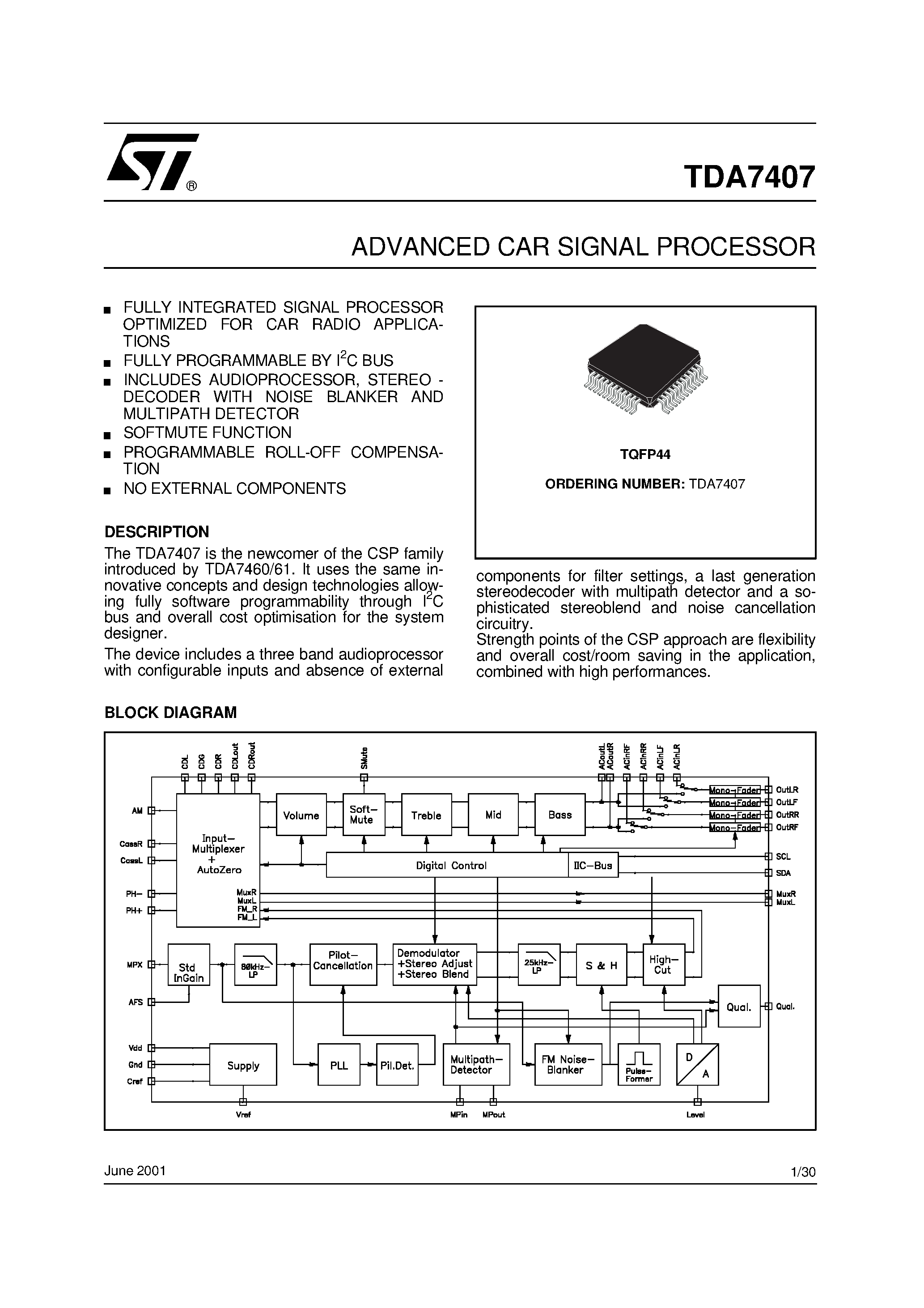 Datasheet TDA7407 - ADVANCED CAR SIGNAL PROCESSOR page 1