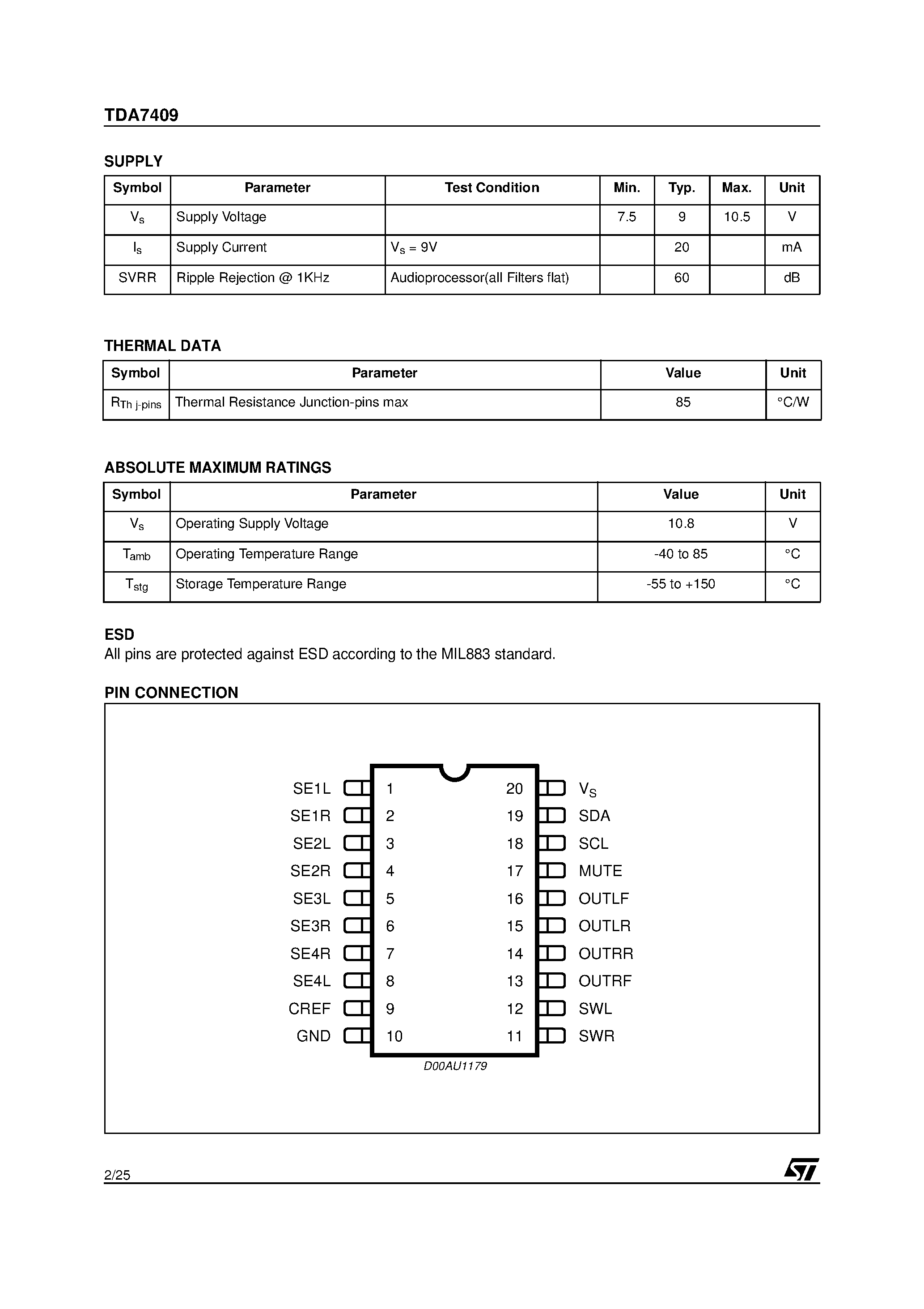 Datasheet TDA7409 - CARRADIO-SIGNAL-PROCESSOR page 2