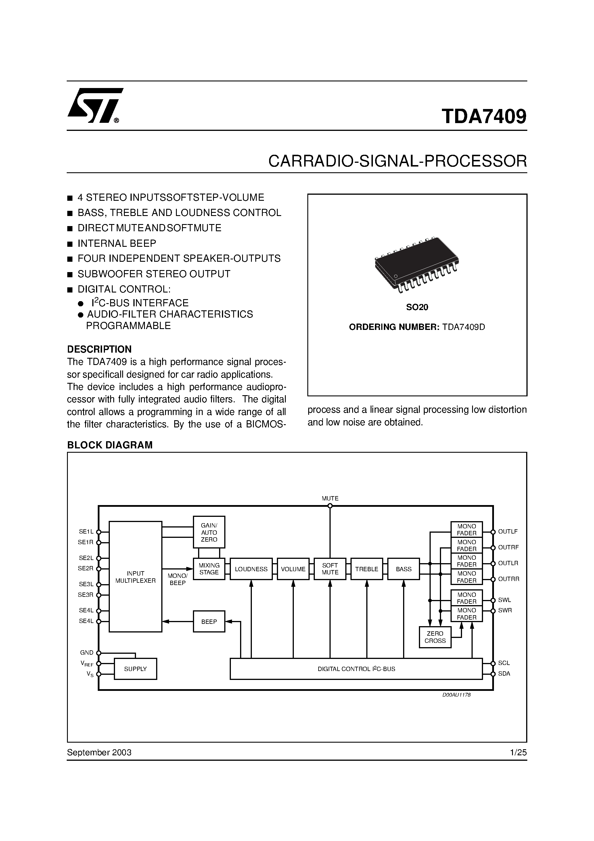 Datasheet TDA7409D - CARRADIO-SIGNAL-PROCESSOR page 1