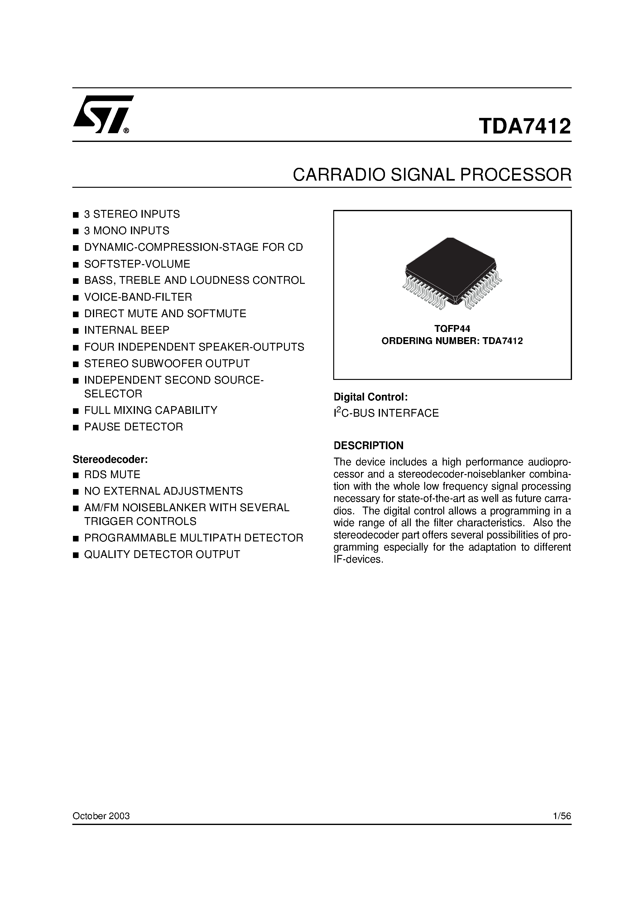 Datasheet TDA7412 - CARRADIO SIGNAL PROCESSOR page 1