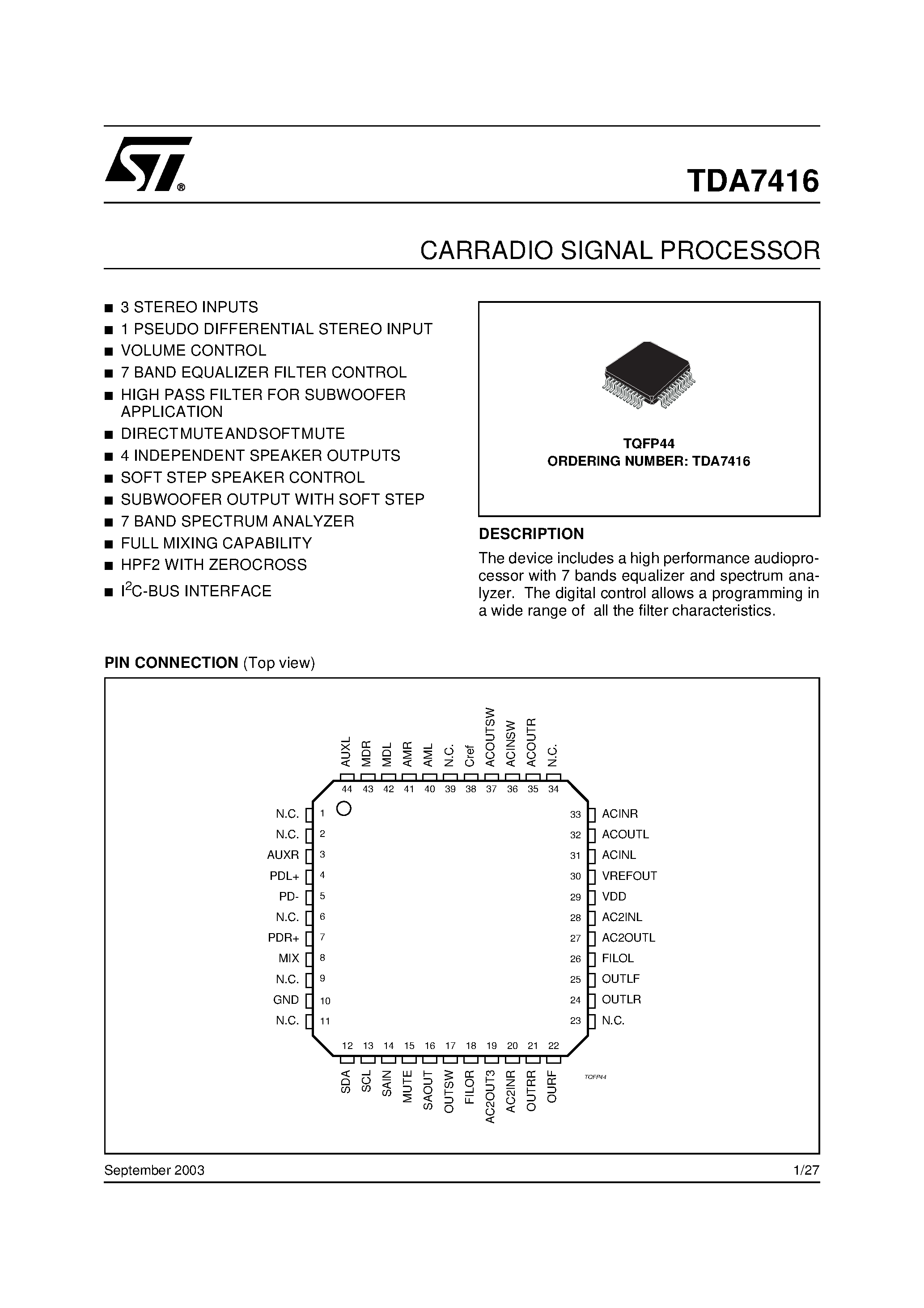 Datasheet TDA7416 - CARRADIO SIGNAL PROCESSOR page 1