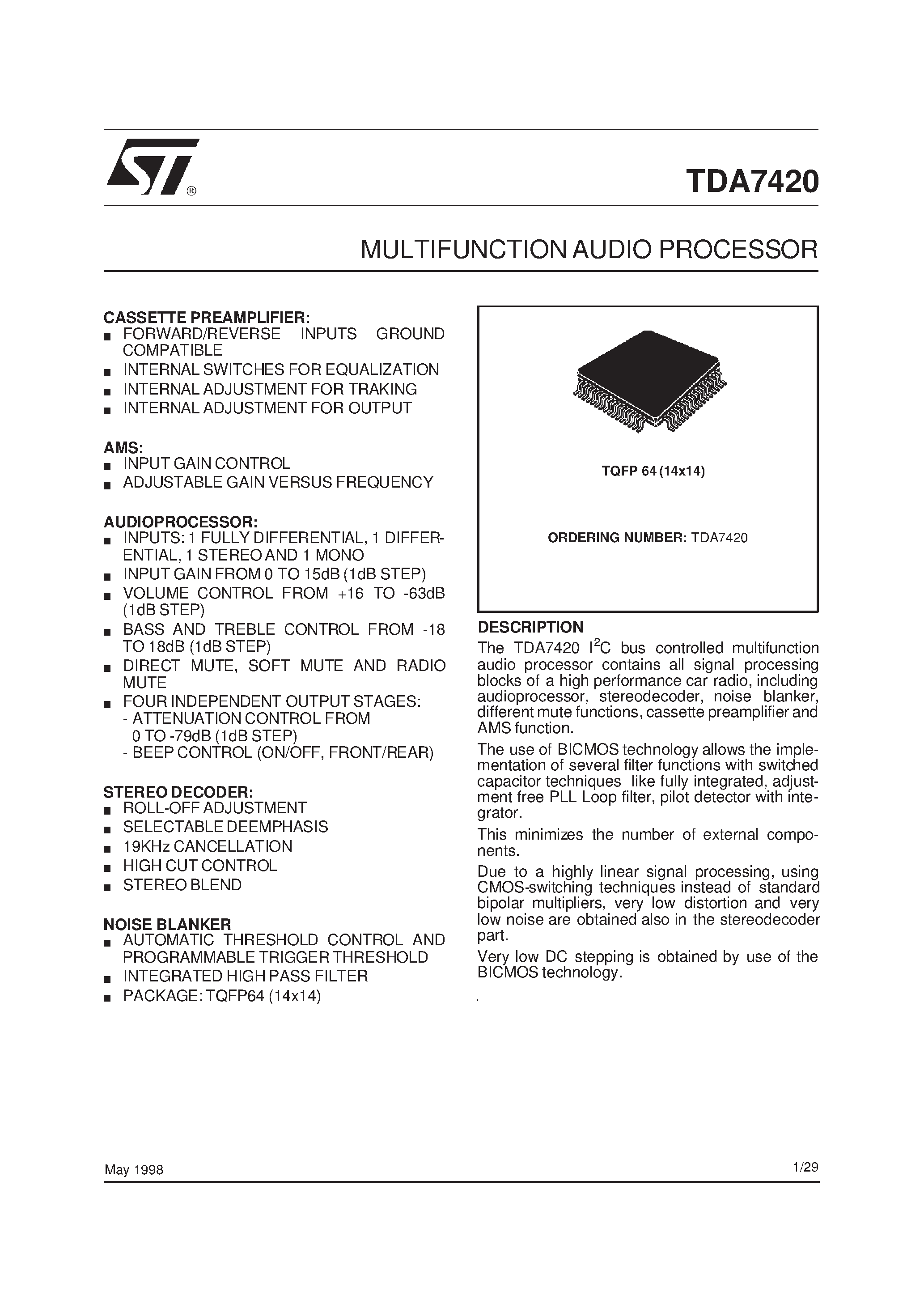 Datasheet TDA7420 - MULTIFUNCTIONAUDIO PROCESSOR page 1