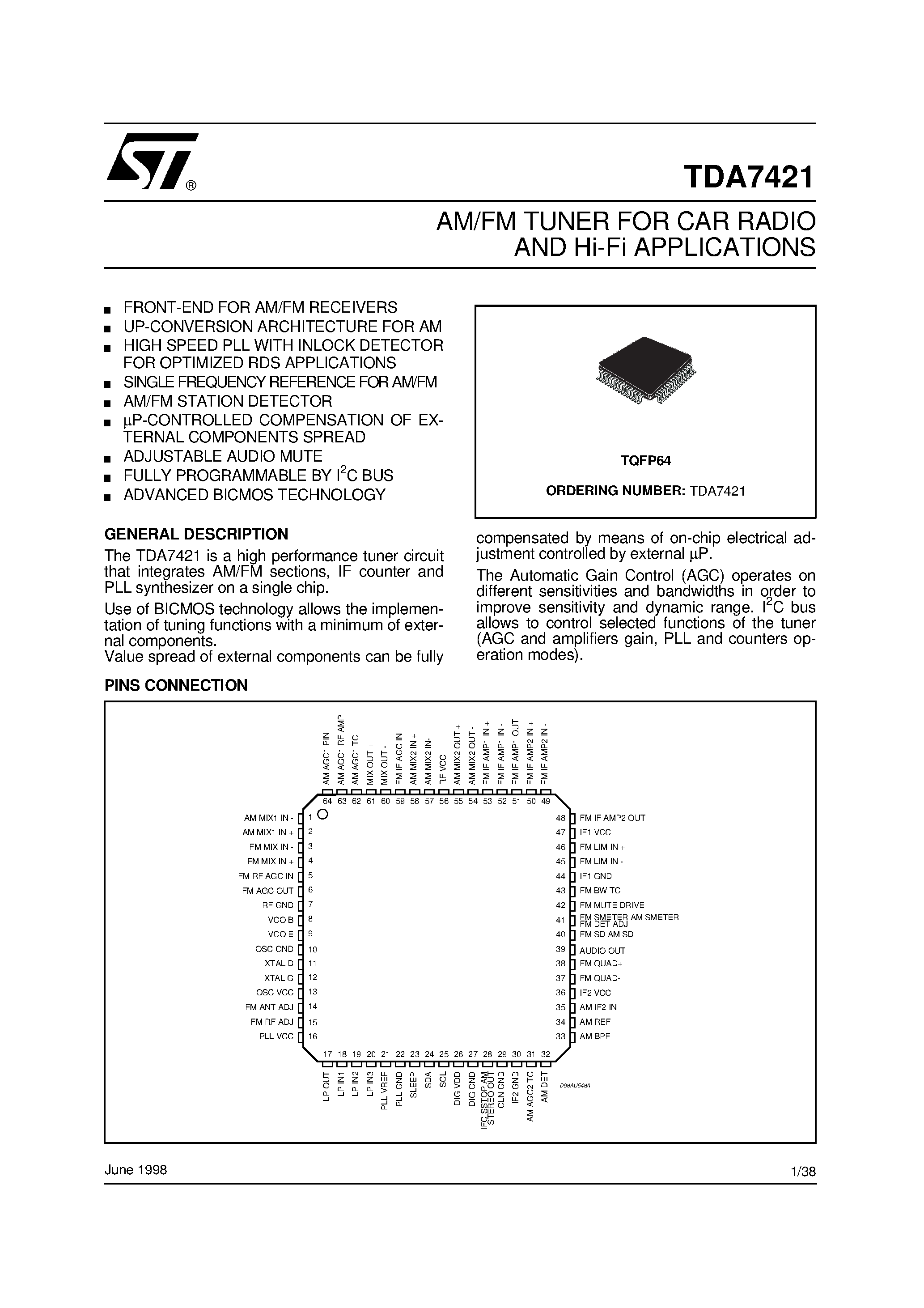 Datasheet TDA7421 - AM/FM TUNER FOR CAR RADIO AND Hi-Fi APPLICATIONS page 1