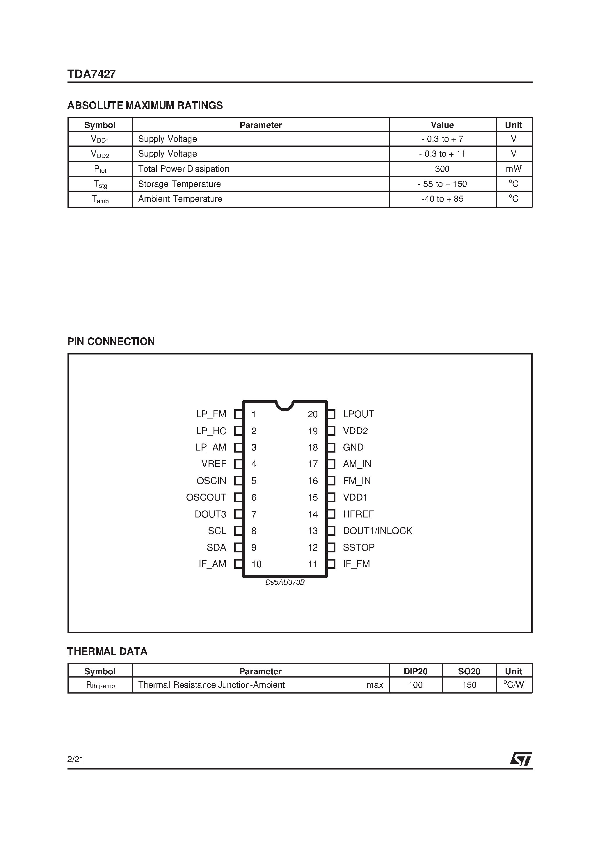 Datasheet TDA7427 - AM-FM RADIO FREQUENCY SYNTHESIZER AND IF COUNTER page 2
