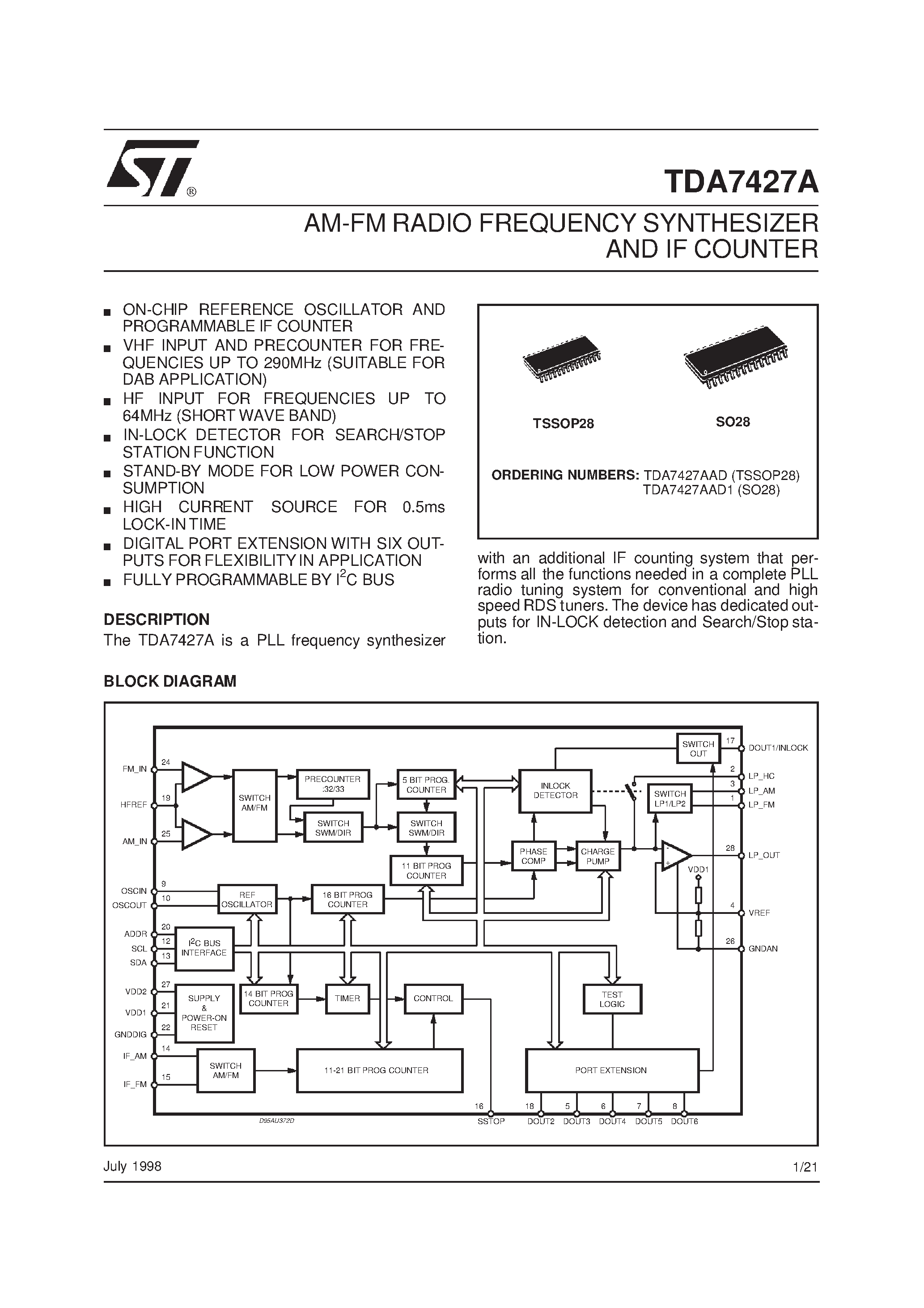 Datasheet TDA7427AAD - AM-FM RADIO FREQUENCY SYNTHESIZER AND IF COUNTER page 1