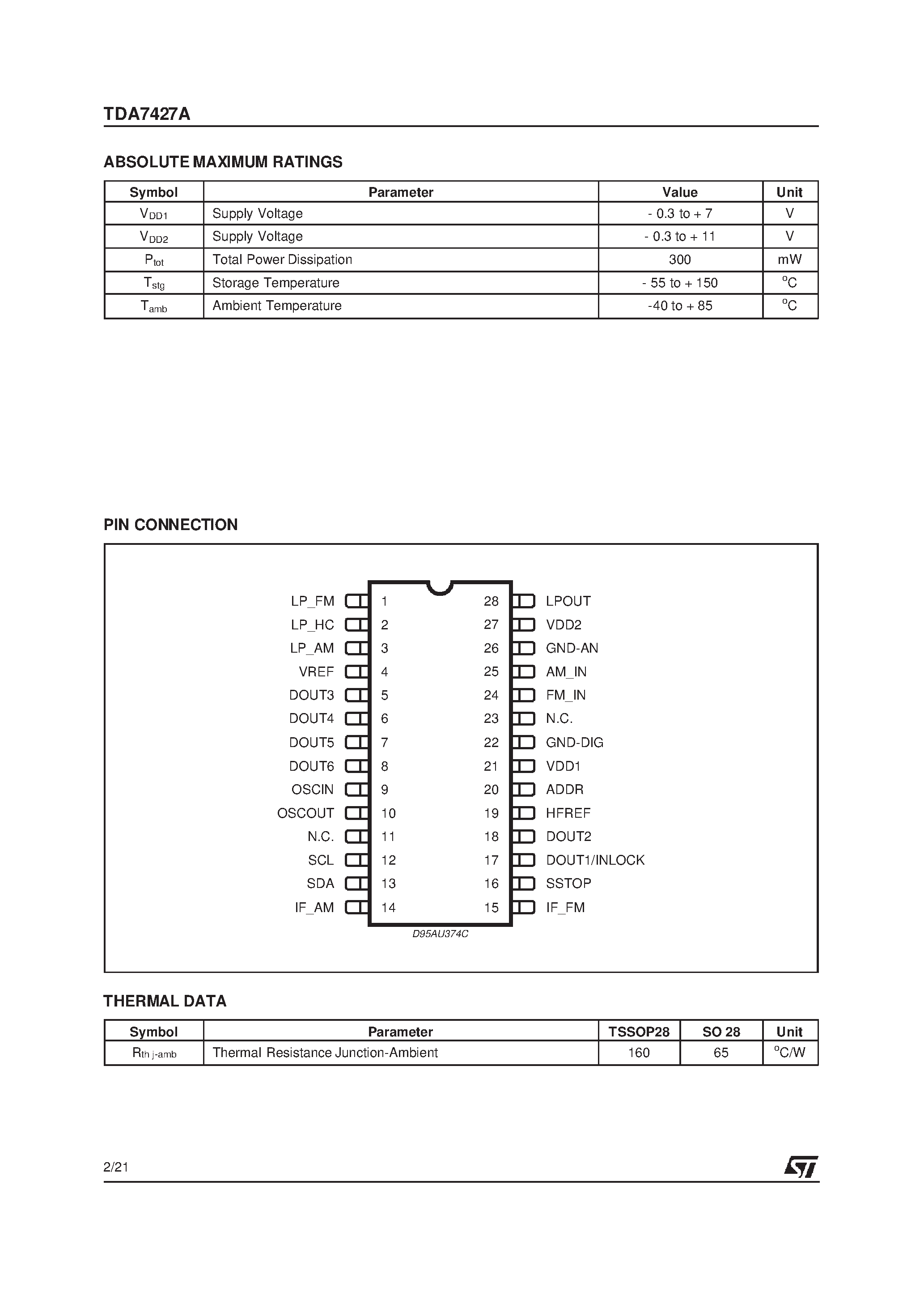 Datasheet TDA7427AAD - AM-FM RADIO FREQUENCY SYNTHESIZER AND IF COUNTER page 2