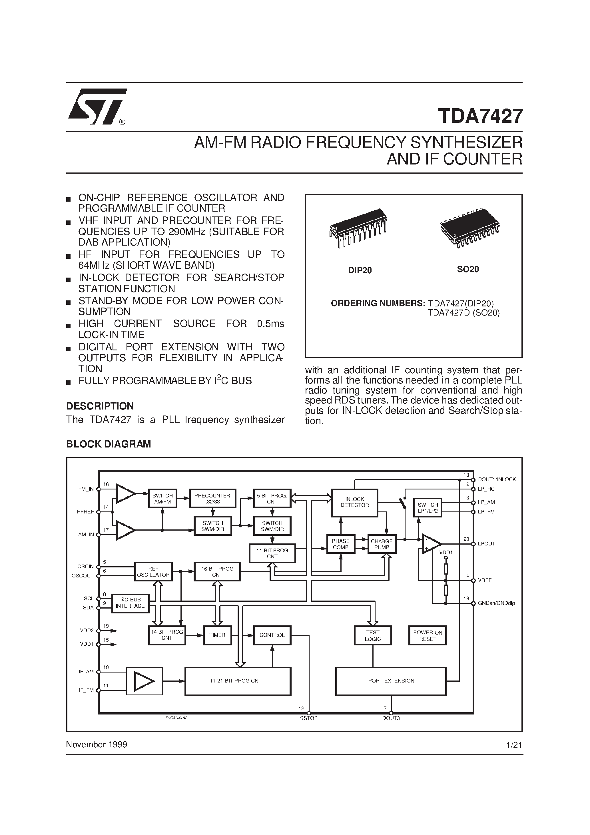 Datasheet TDA7427D - AM-FM RADIO FREQUENCY SYNTHESIZER AND IF COUNTER page 1